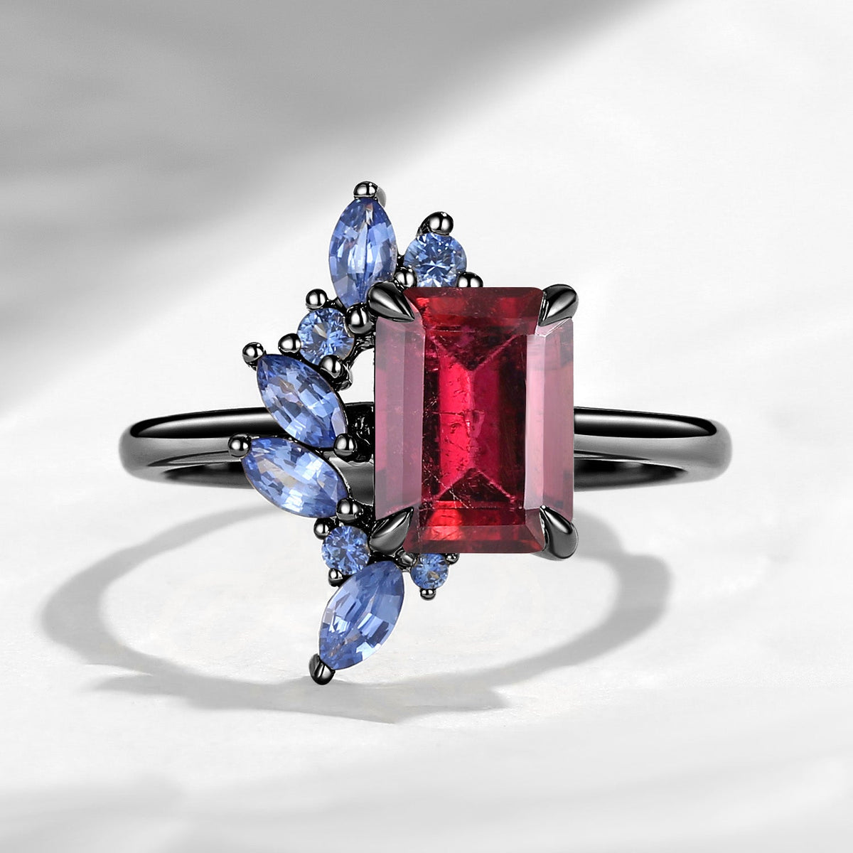 Cluster Emerald Cut Natural Pink Tourmaline Sapphire Accents Engagement Ring