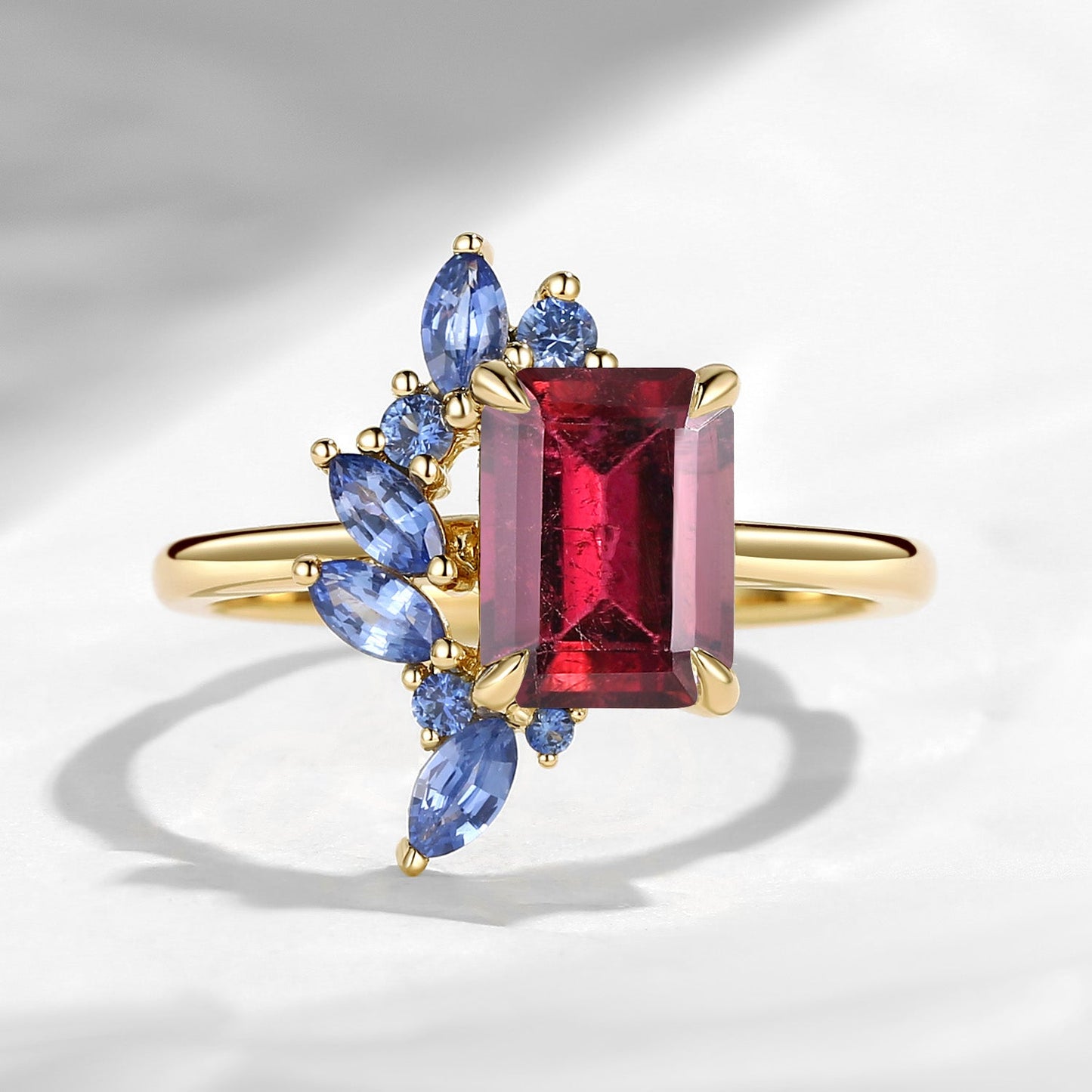 Cluster Emerald Cut Natural Pink Tourmaline Sapphire Accents Engagement Ring