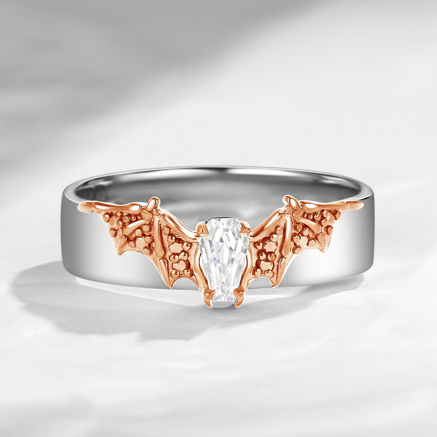 Coffin Cut Moissanite Mixed Metal Bat Inspired Wedding Band For Men