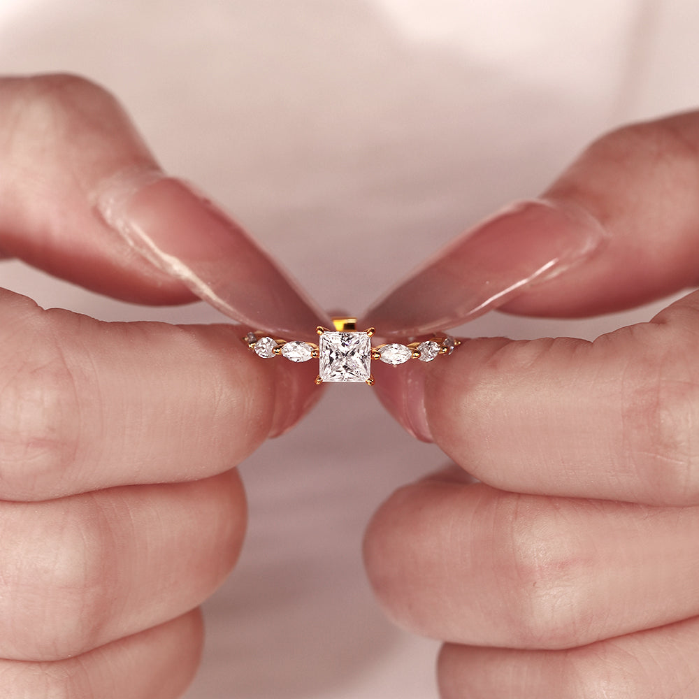1.1CT Princess Cut Moissanite Engagement Ring with Marquise Side Stones