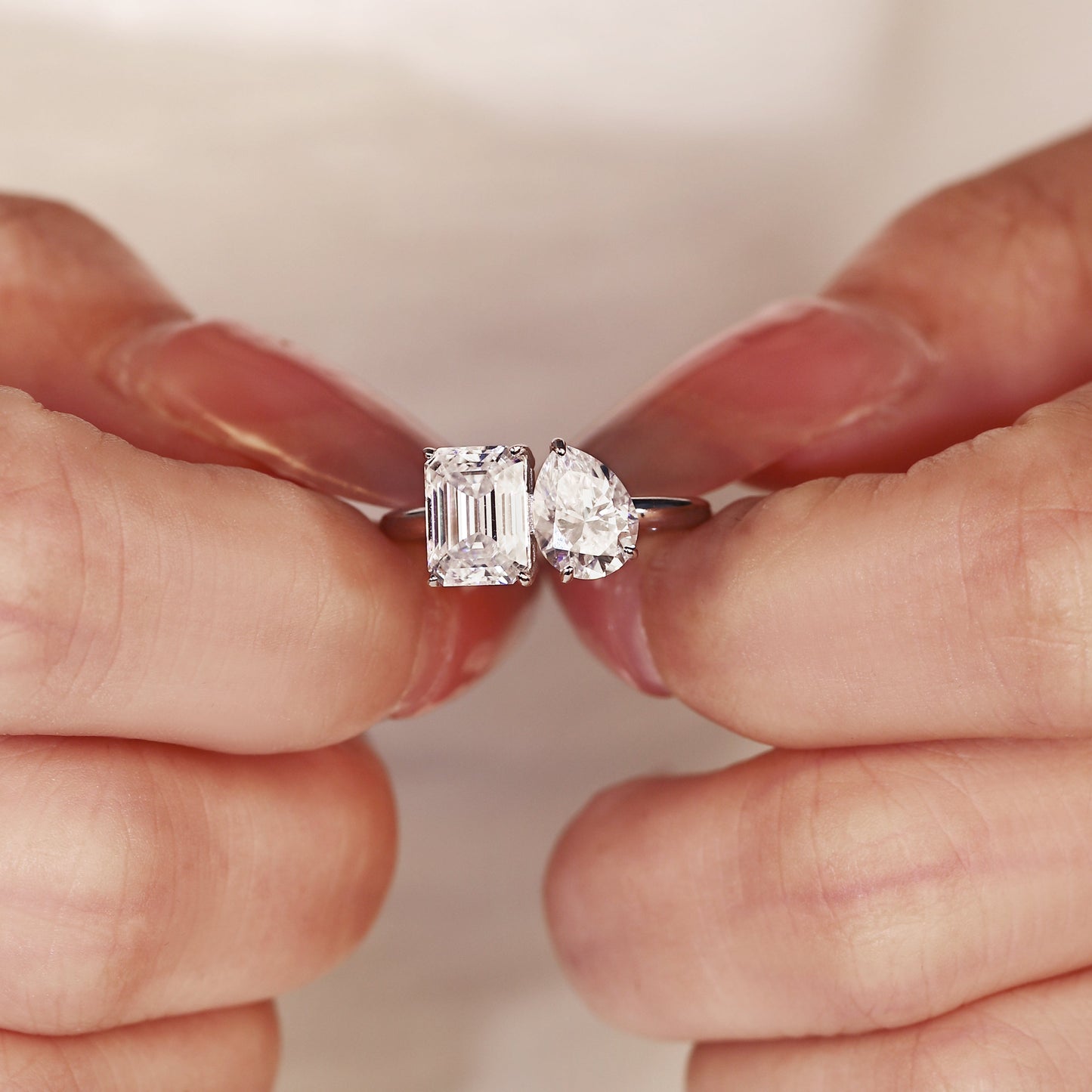 3.13CT Emerald and Pear Cut Toi et Moi Moissanite Engagement Ring