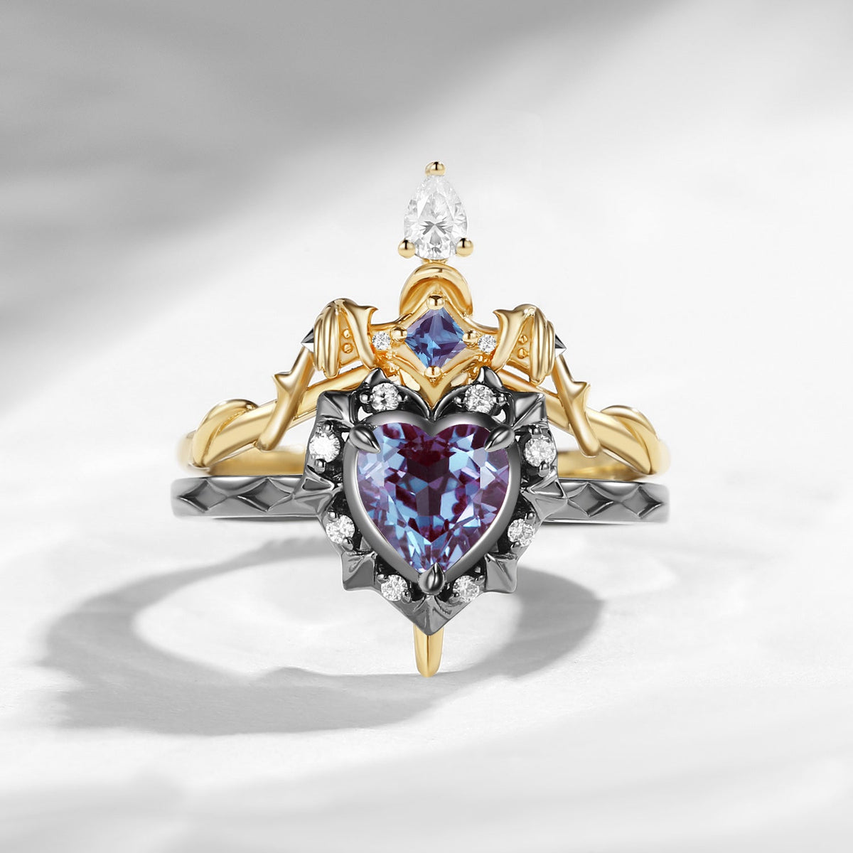 'Cupid's Arrow' - Gorhic Heart Cut Moss Agate Heart Sword Ring Alternative Bridal Set