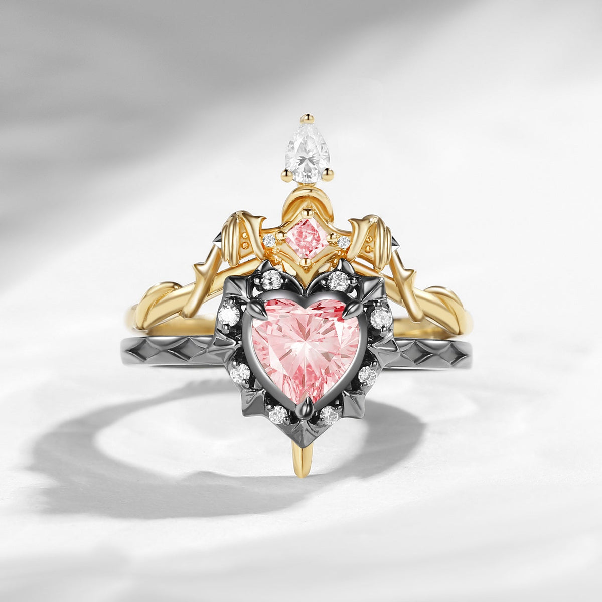 'Cupid's Arrow' - Gothic Heart Cut IGI Certified Lab Pink Diamond Heart Sword Ring Alternative Bridal Set