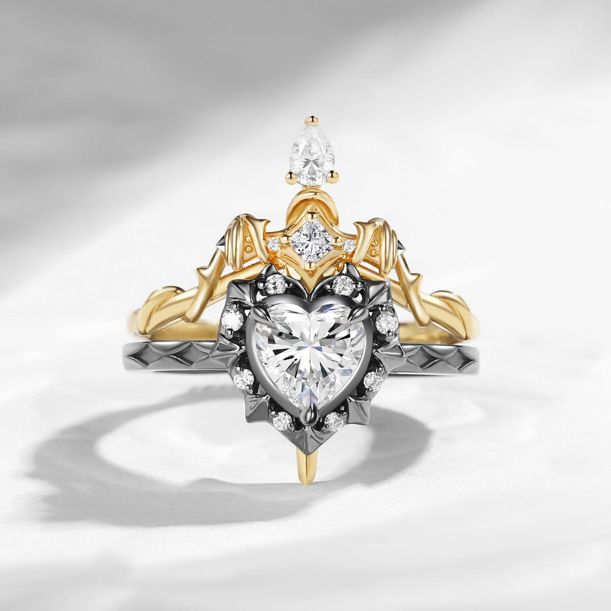 'Cupid's Arrow' - Gothic Heart Cut IGI Certified Lab Grown Diamond Heart Sword Ring Alternative Bridal Set