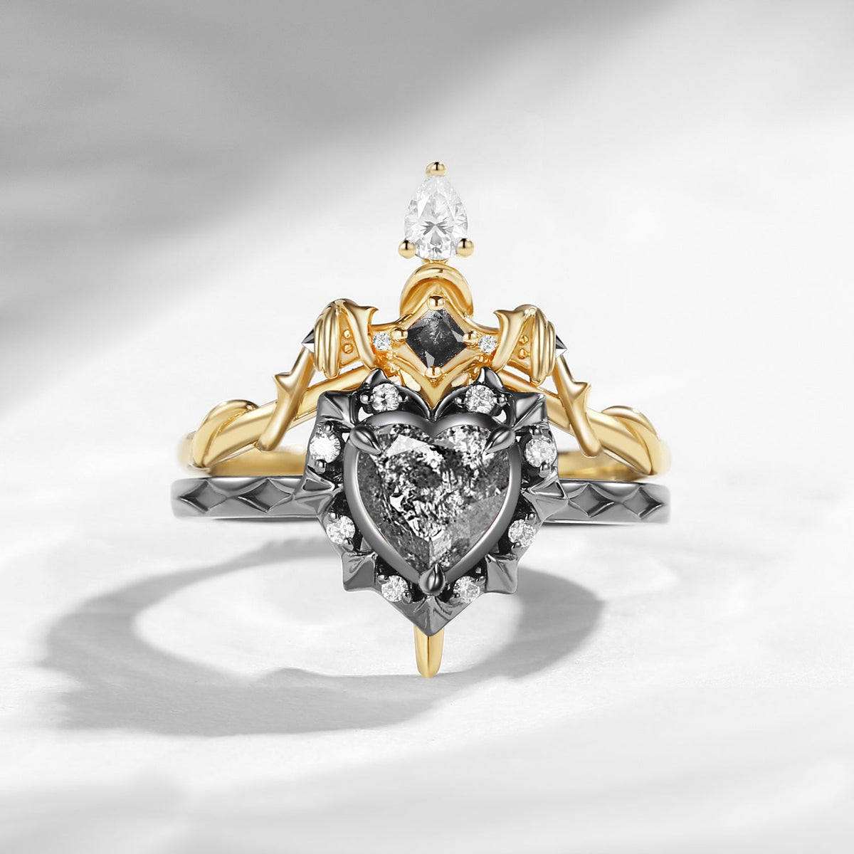 'Cupid's Arrow' - Gothic Heart Cut Salt & Pepper Diamond Heart Sword Ring Alternative Bridal Set