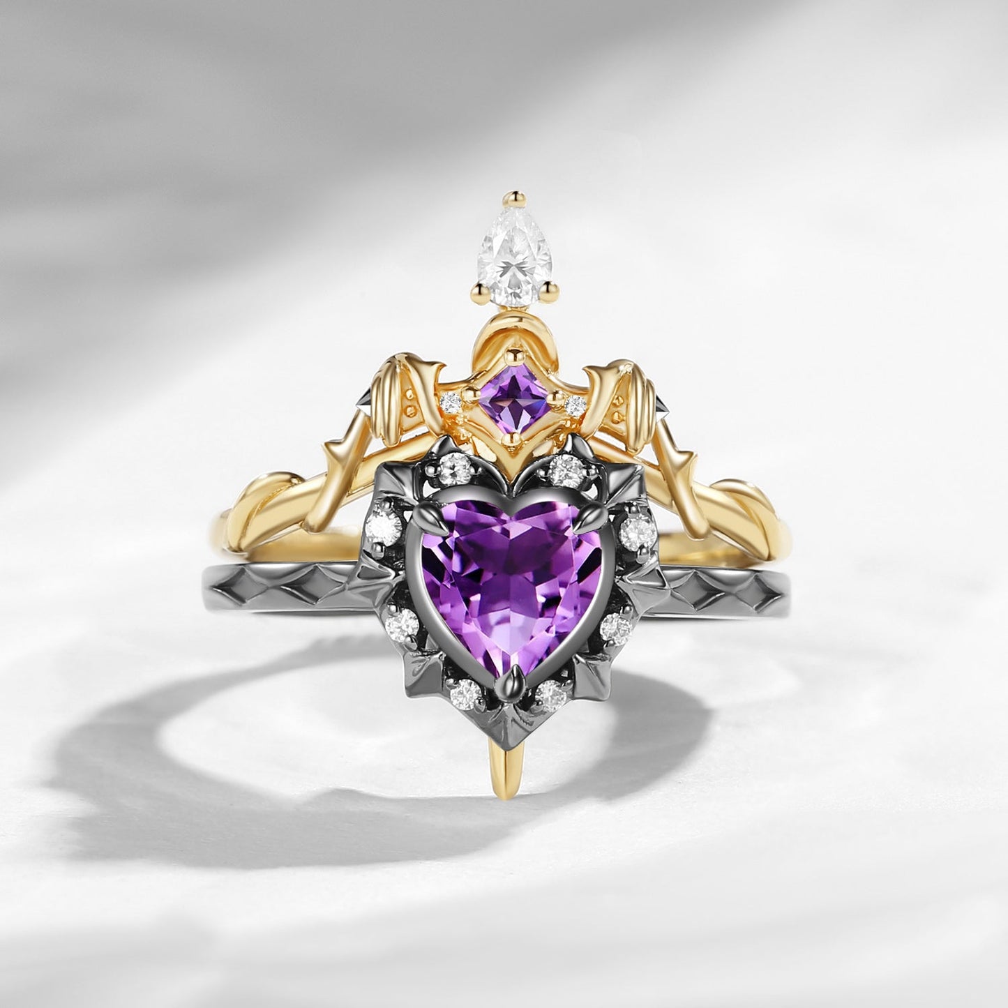 'Cupid's Arrow' - Gothic Heart Cut Amethyst Heart Sword Ring Alternative Bridal Set