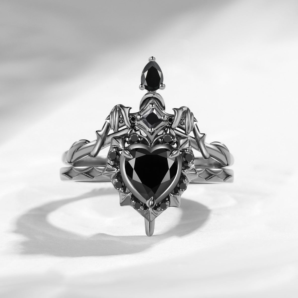 'Cupid's Arrow' - Heart Cut Natural Black Diamond Heart Sword Ring Alternative Bridal Set