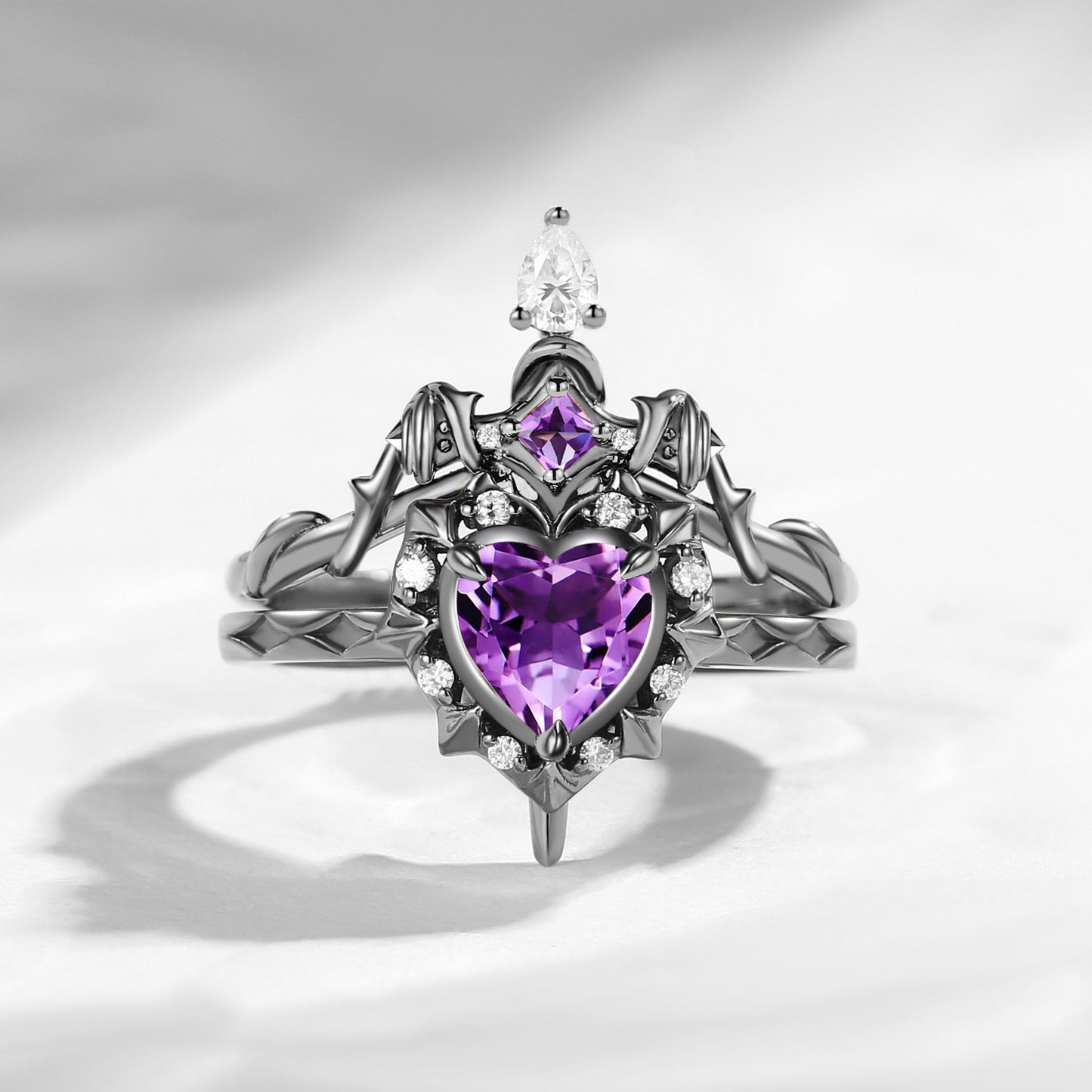 'Cupid's Arrow' - Gothic Heart Cut Amethyst Heart Sword Ring Alternative Bridal Set