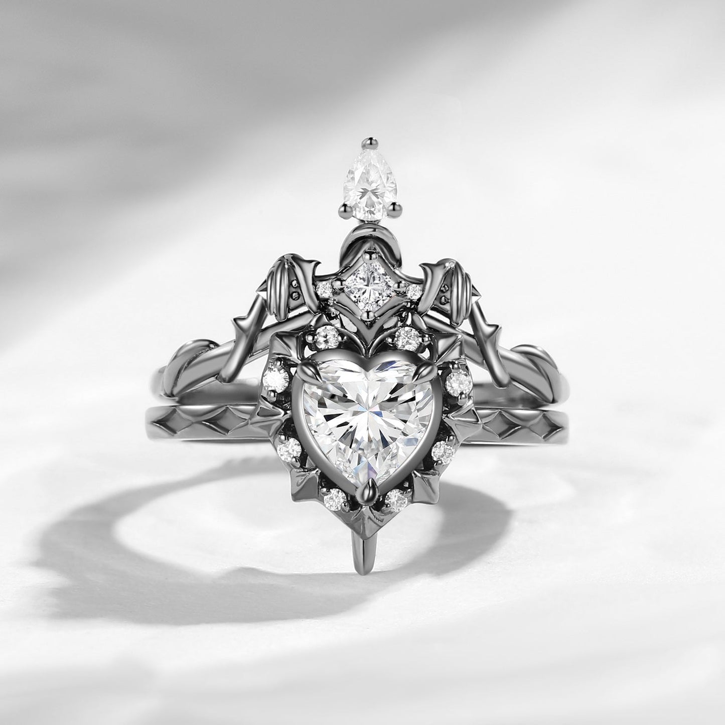 'Cupid's Arrow' - Gothic Heart Cut IGI Certified Lab Grown Diamond Heart Sword Ring Alternative Bridal Set