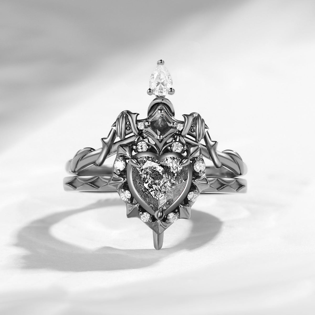 'Cupid's Arrow' - Gothic Heart Cut Salt & Pepper Diamond Heart Sword Ring Alternative Bridal Set