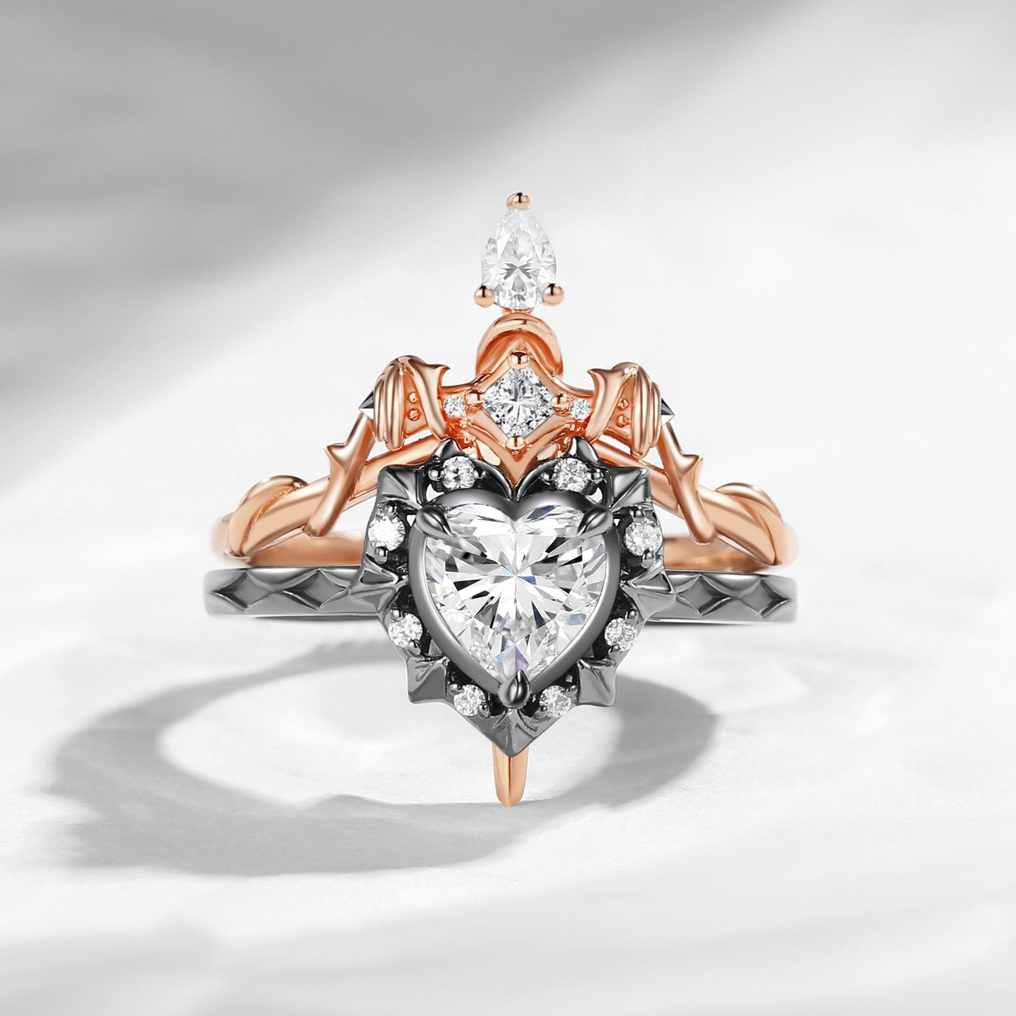 'Cupid's Arrow' - Gothic Heart Cut IGI Certified Lab Grown Diamond Heart Sword Ring Alternative Bridal Set