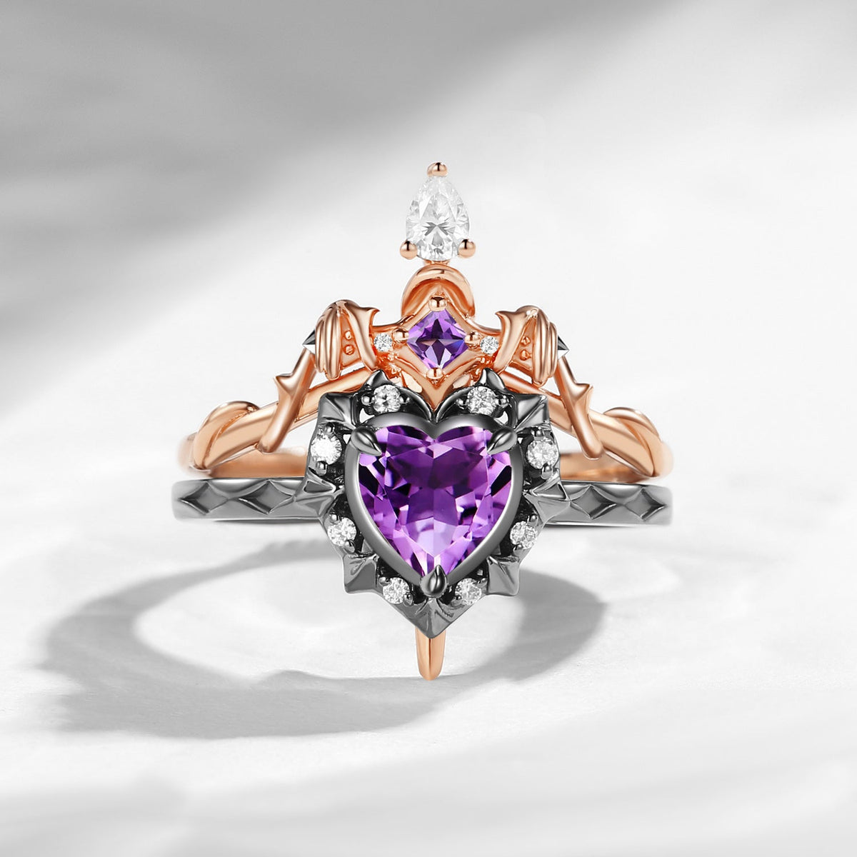 'Cupid's Arrow' - Gothic Heart Cut Amethyst Heart Sword Ring Alternative Bridal Set