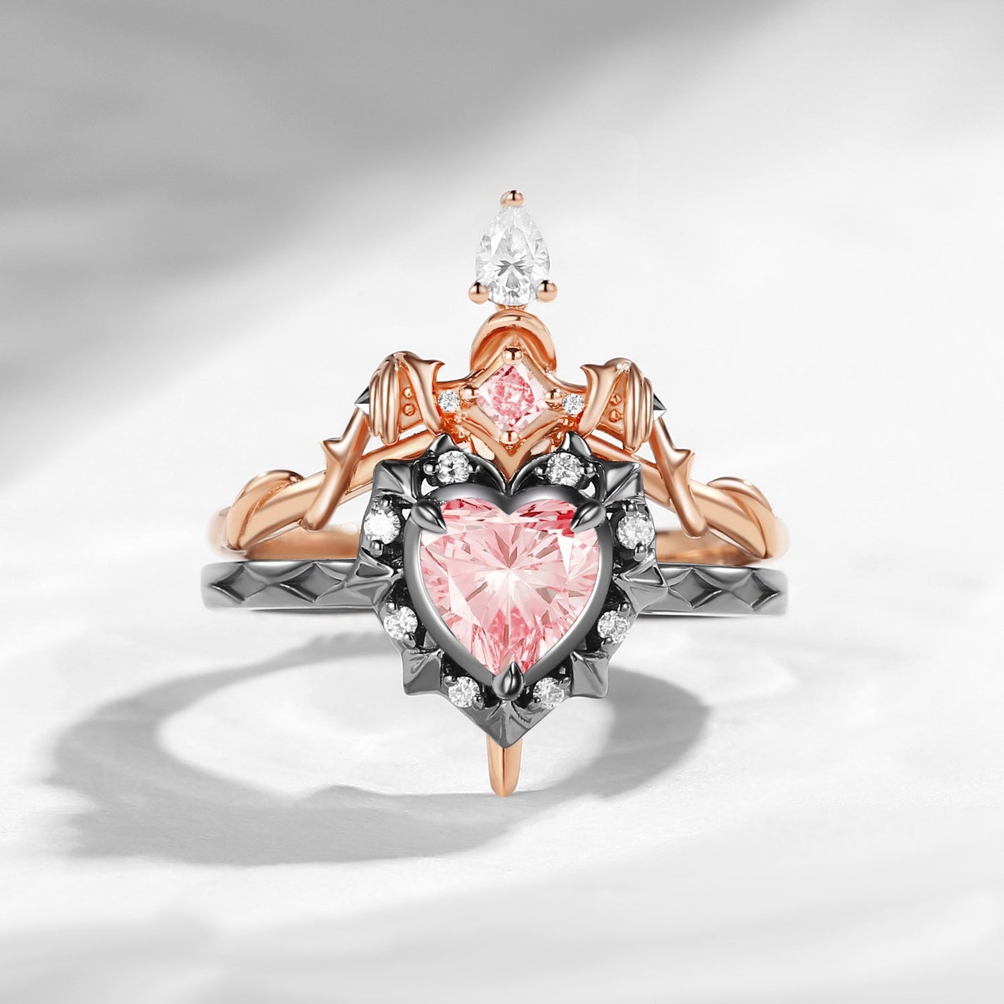 'Cupid's Arrow' - Gothic Heart Cut IGI Certified Lab Pink Diamond Heart Sword Ring Alternative Bridal Set