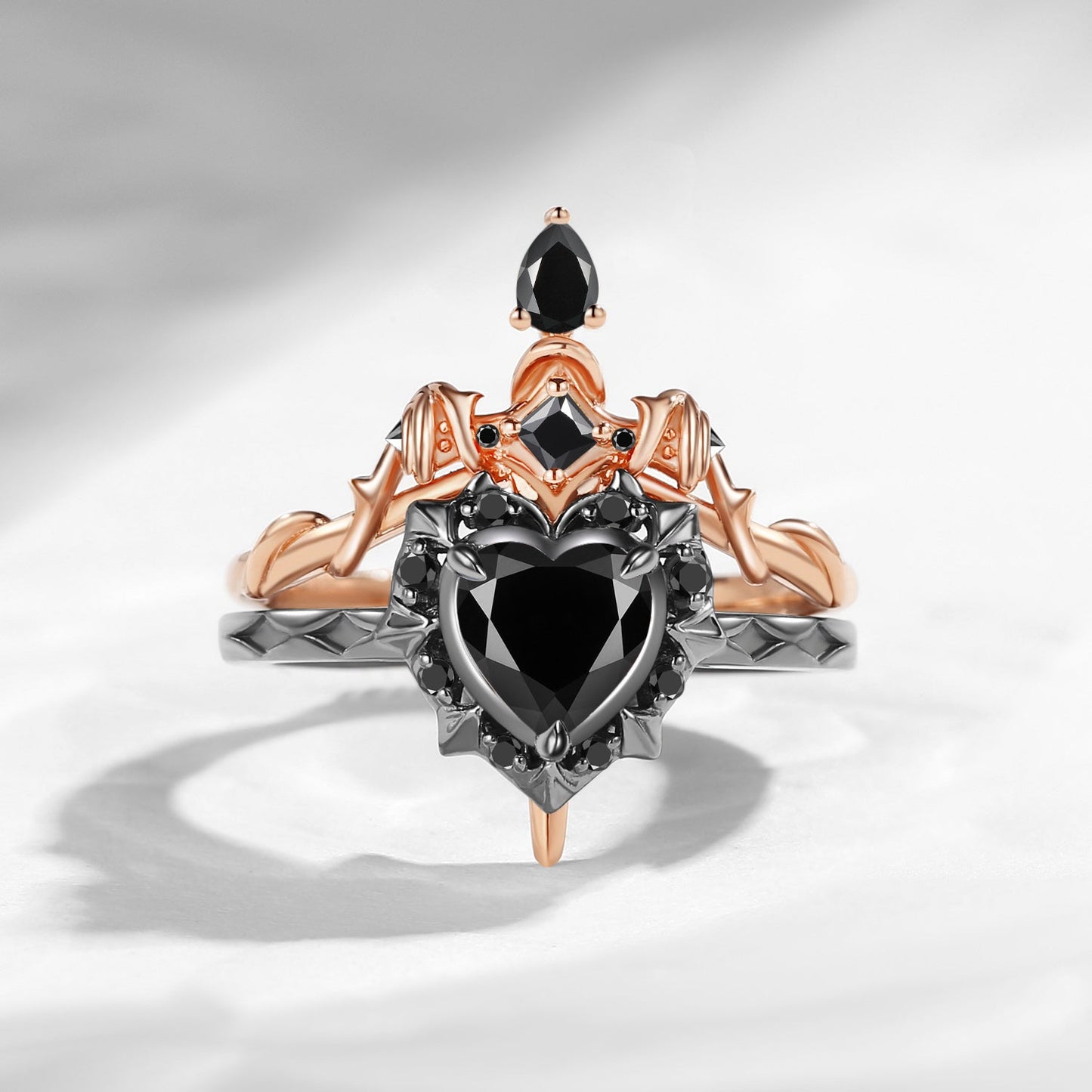'Cupid's Arrow' - Heart Cut Natural Black Diamond Heart Sword Ring Alternative Bridal Set
