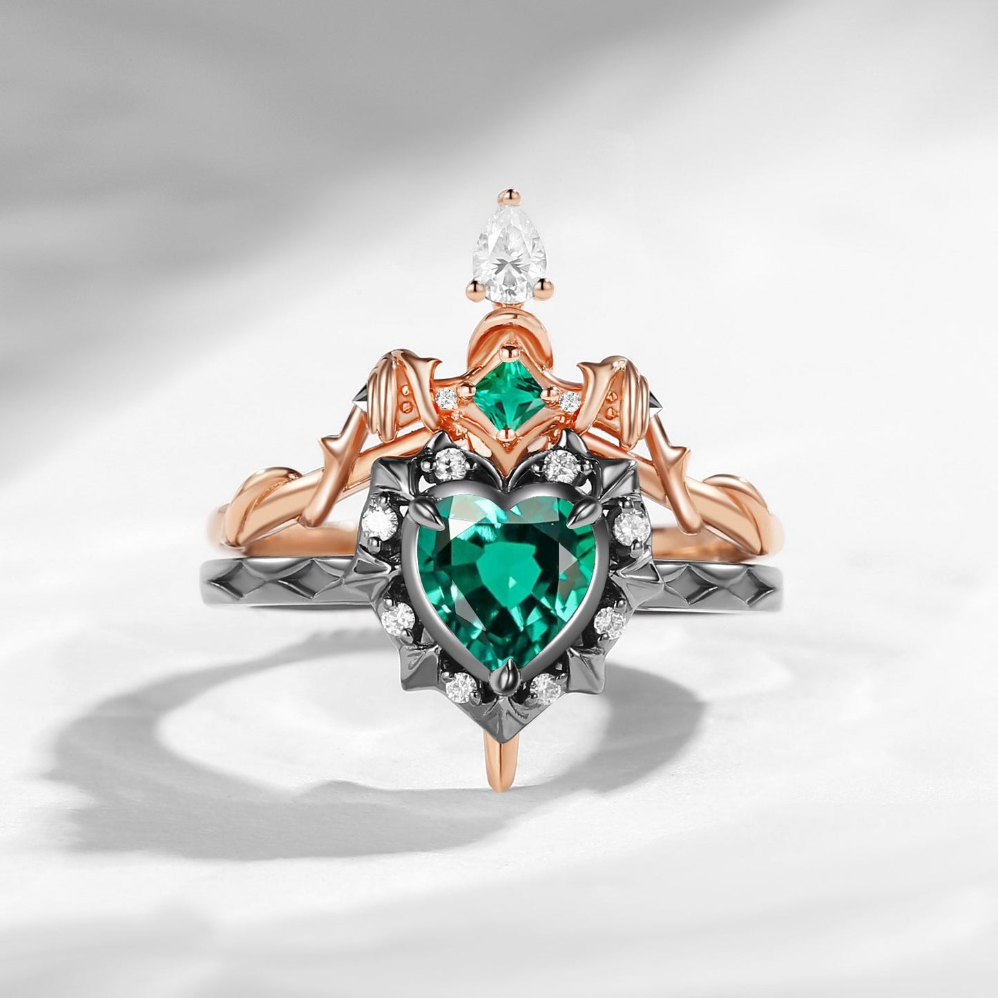 'Cupid's Arrow' - Gorhic Heart Cut Moss Agate Heart Sword Ring Alternative Bridal Set