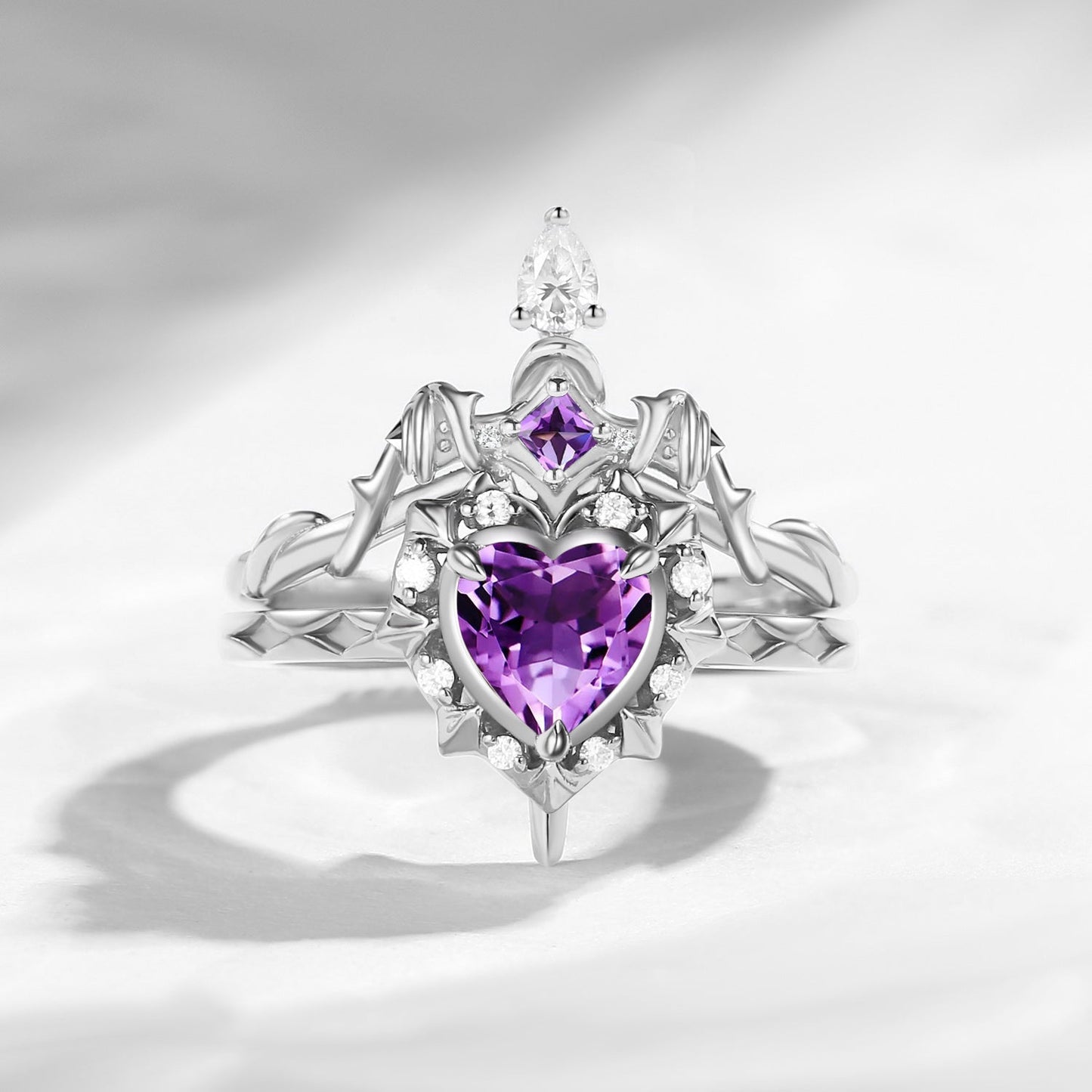 'Cupid's Arrow' - Gothic Heart Cut Amethyst Heart Sword Ring Alternative Bridal Set