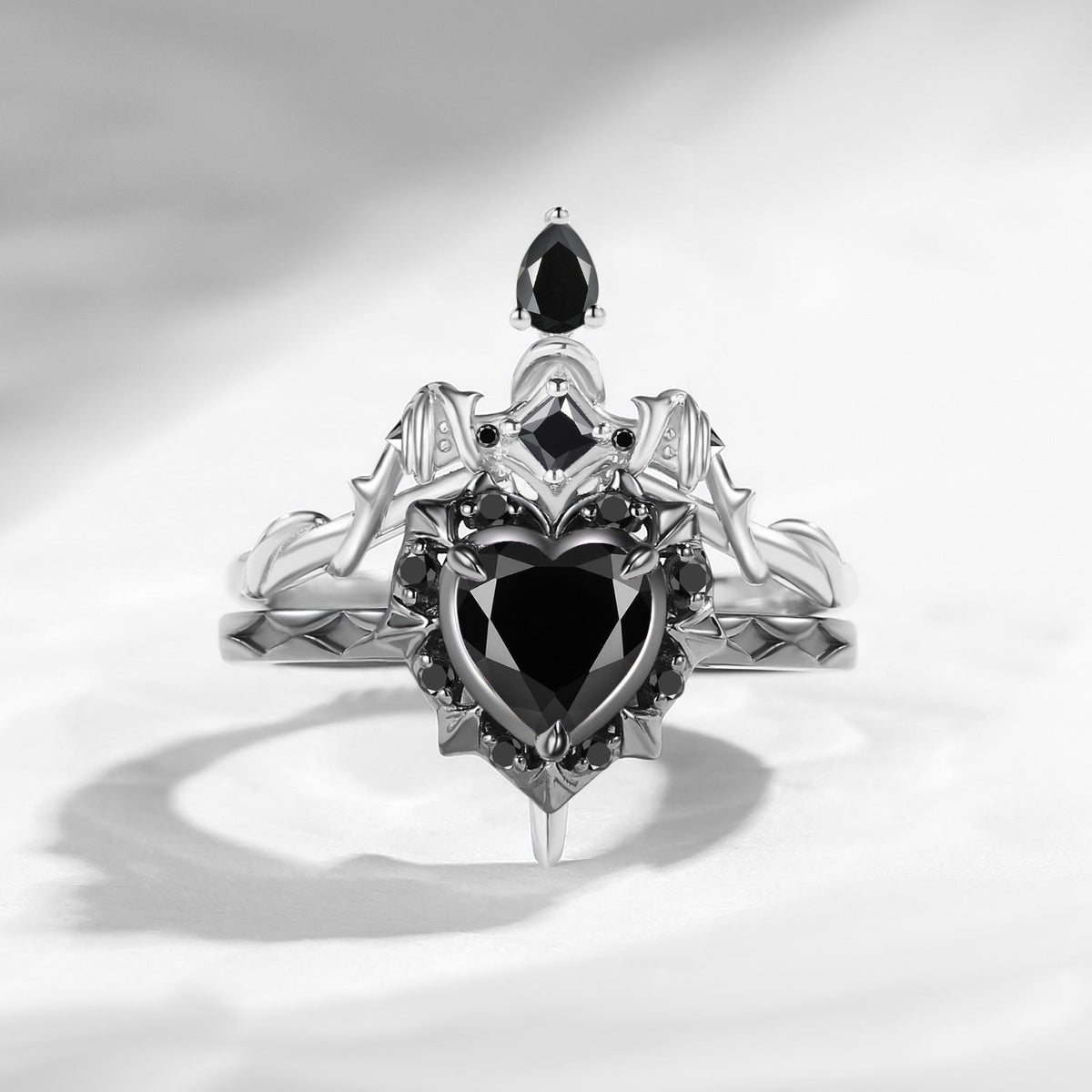 'Cupid's Arrow' - Heart Cut Natural Black Diamond Heart Sword Ring Alternative Bridal Set