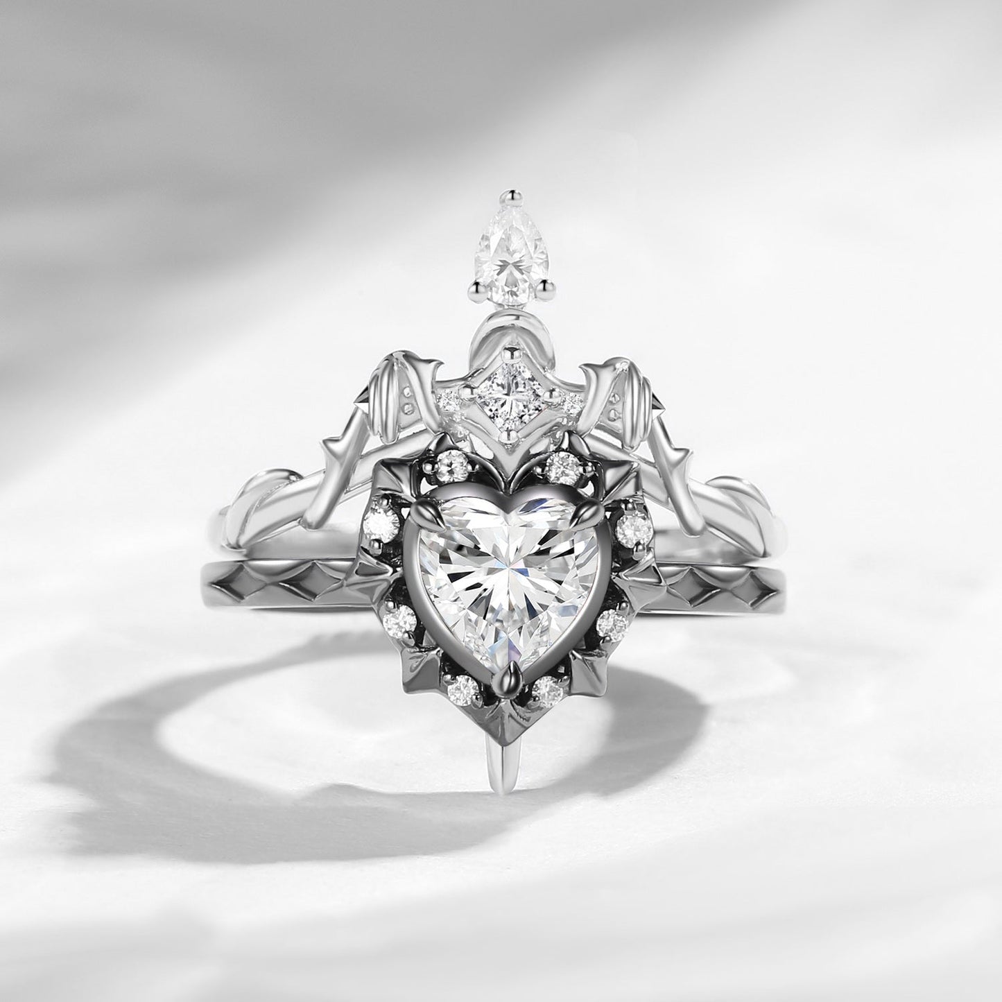 'Cupid's Arrow' - Gothic Heart Cut IGI Certified Lab Grown Diamond Heart Sword Ring Alternative Bridal Set