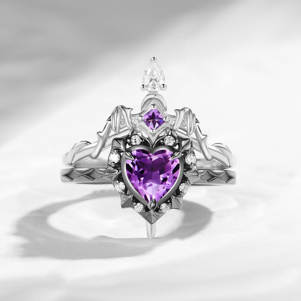 'Cupid's Arrow' - Gothic Heart Cut Amethyst Heart Sword Ring Alternative Bridal Set