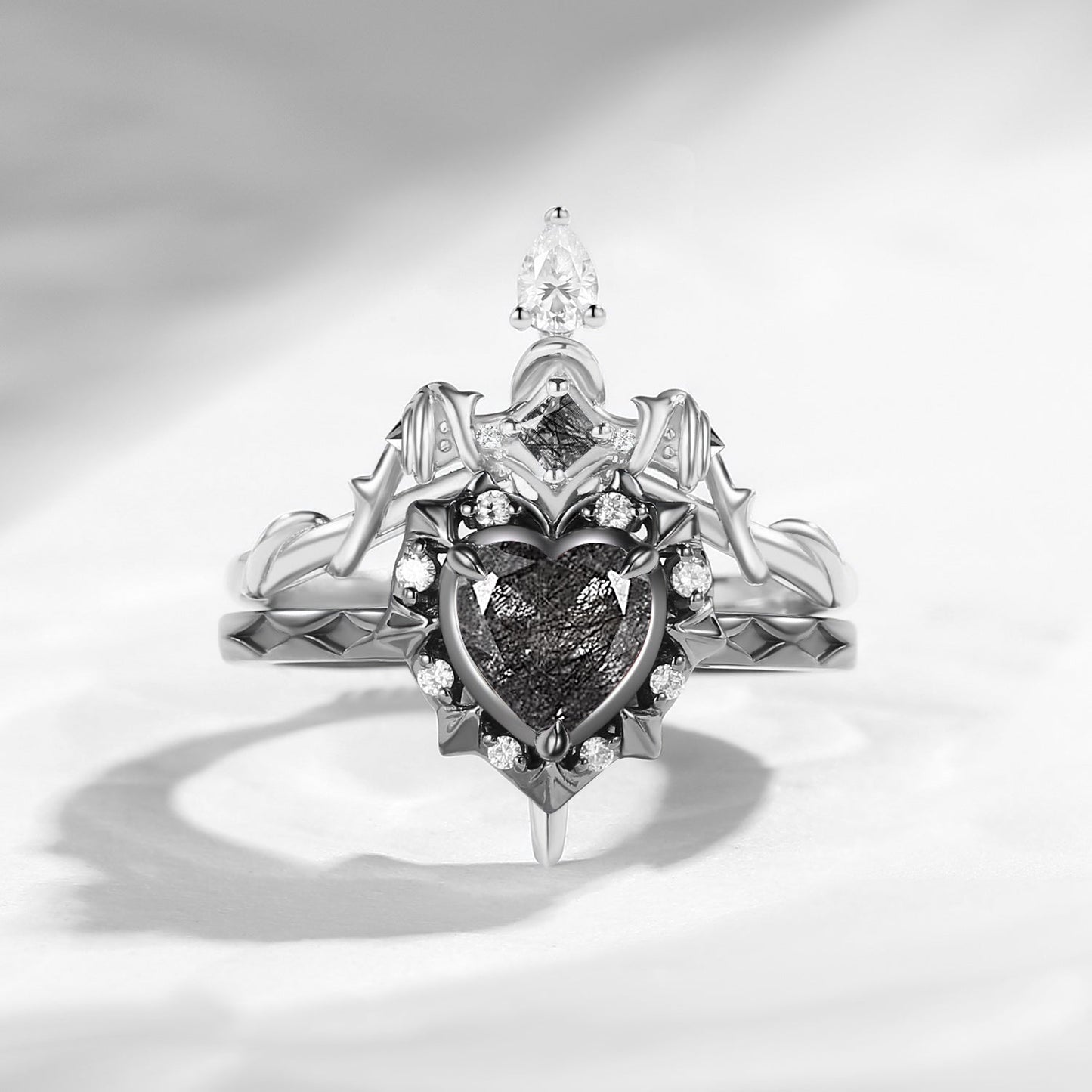 'Cupid's Arrow' - Gorhic Heart Cut Moss Agate Heart Sword Ring Alternative Bridal Set