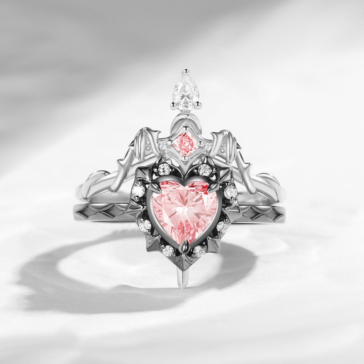 'Cupid's Arrow' - Gothic Heart Cut IGI Certified Lab Pink Diamond Heart Sword Ring Alternative Bridal Set