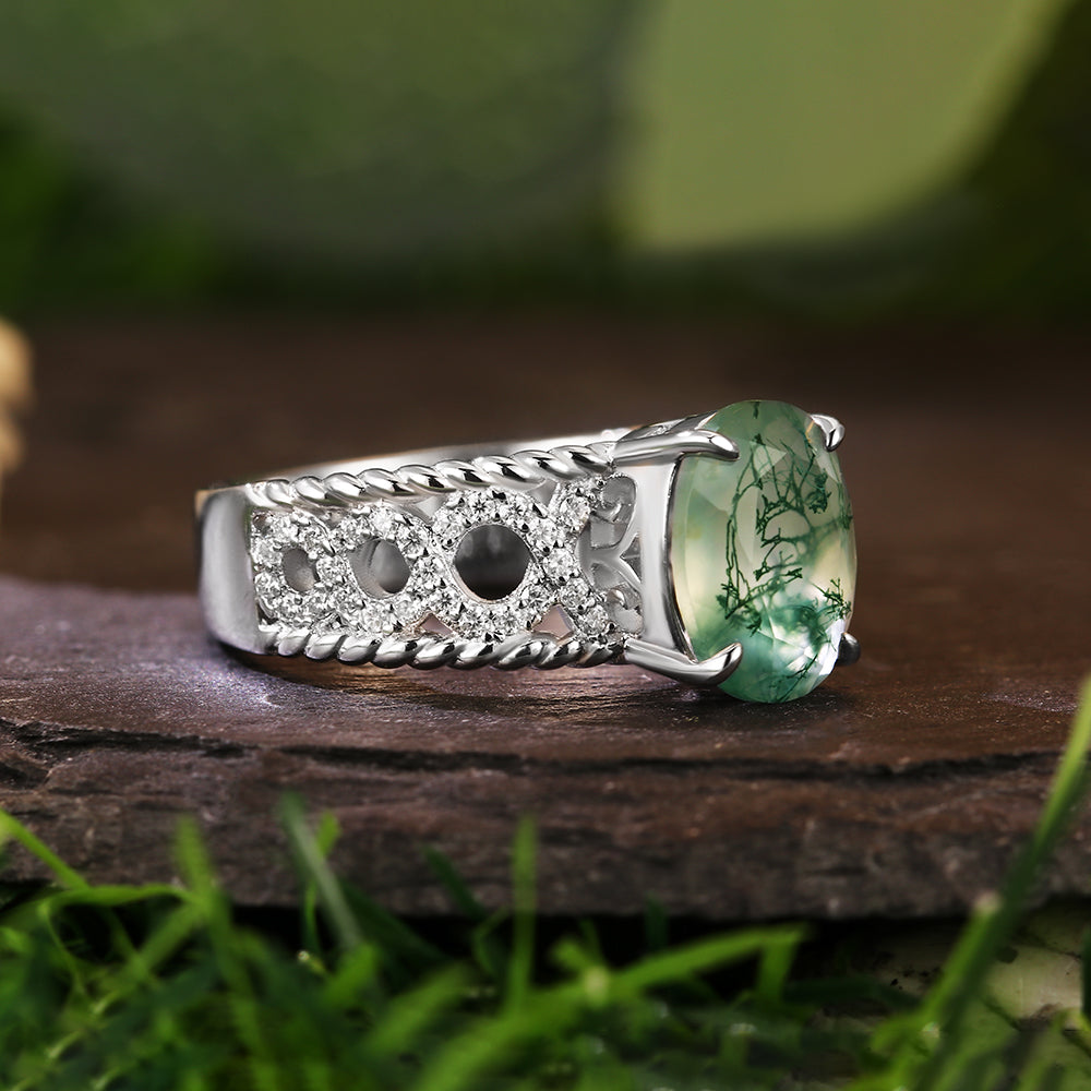 8x10mm Oval Cut Moss Agate Art Deco Nature-Inspired Engagement Ring
