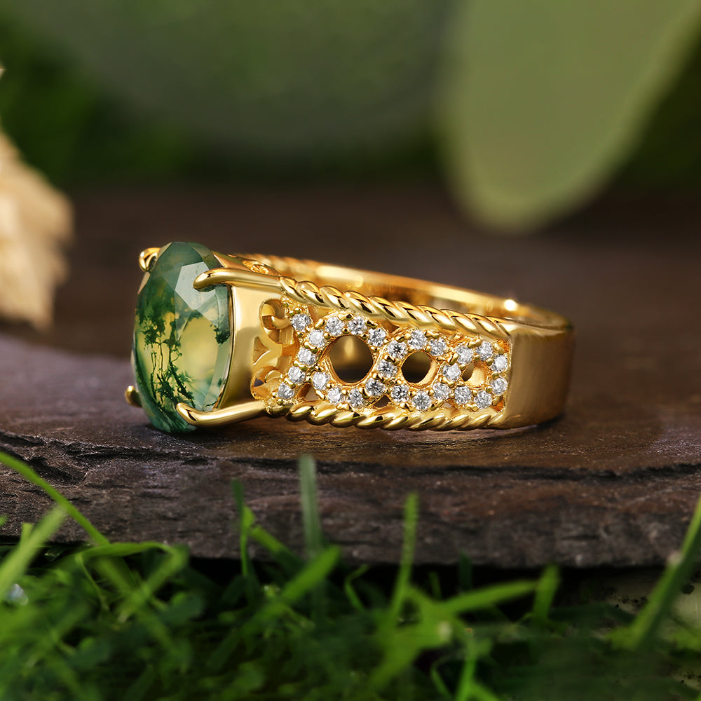8x10mm Oval Cut Moss Agate Art Deco Nature-Inspired Engagement Ring