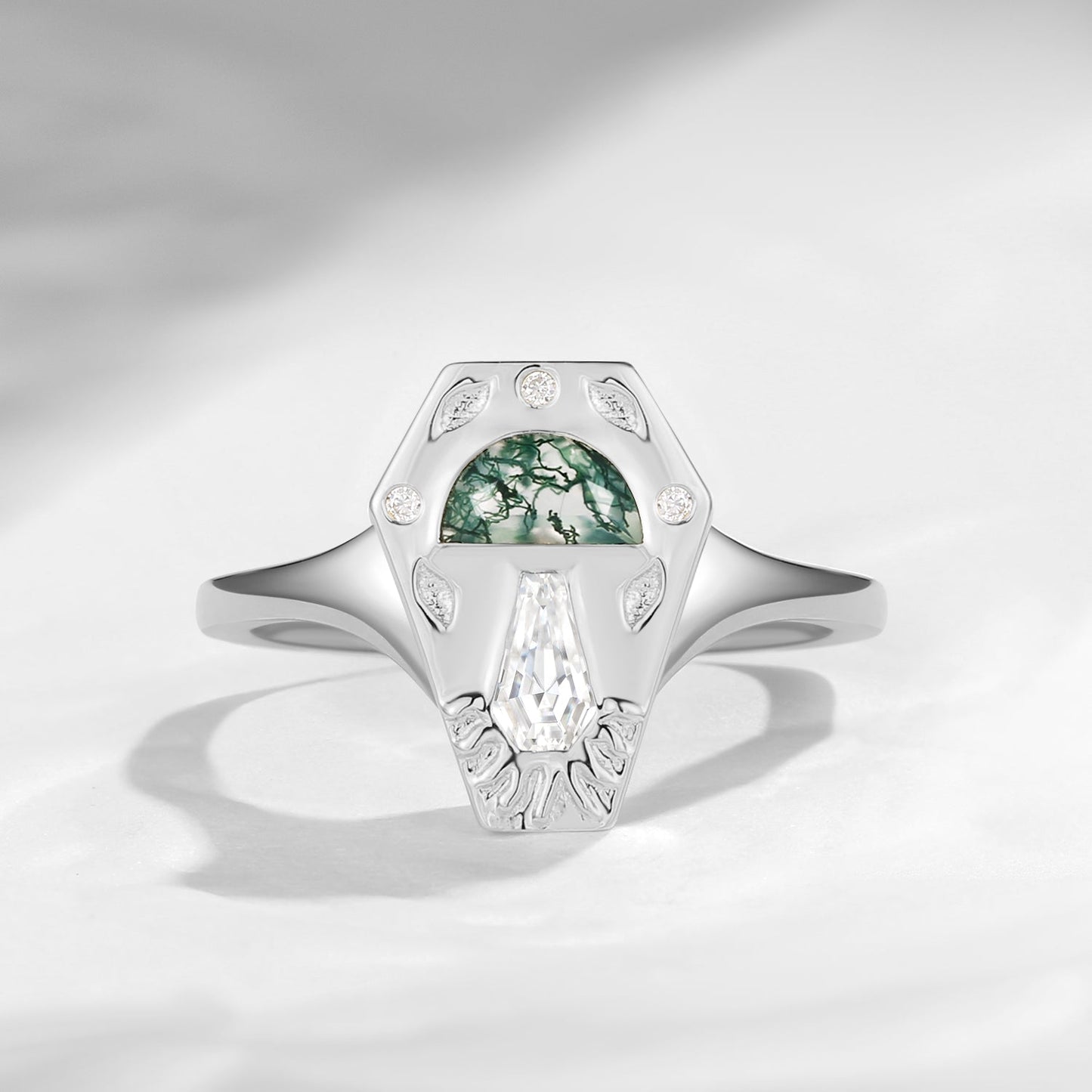 Tree of Life - Half Moon Cut Moss Agate + Coffin Cut Moissanite Stamp Engagement Ring with Leaf Engraving