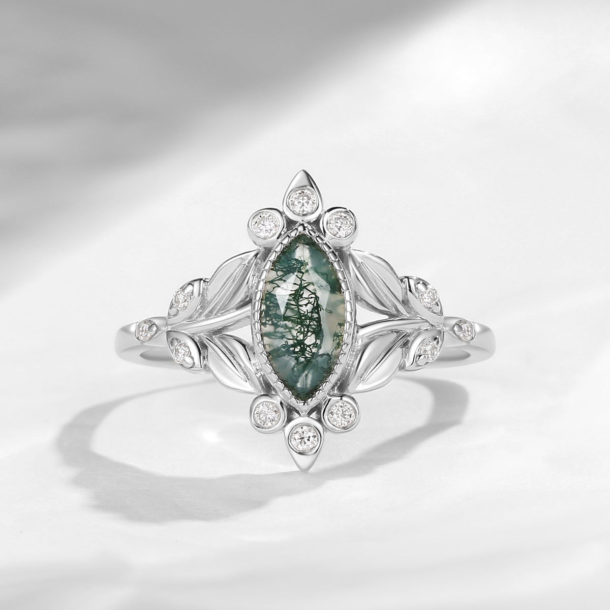 Unique Bezel Marquise Moss Agate Nature Inspired Engagement Ring
