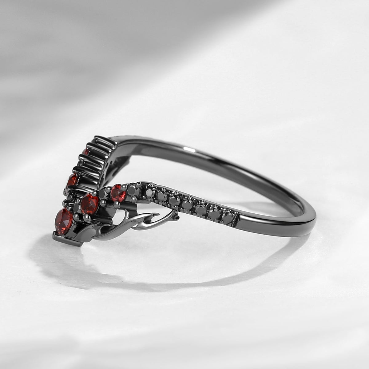 Garnet & Black Moissanite Curved Gothic Inspired Wedding Band