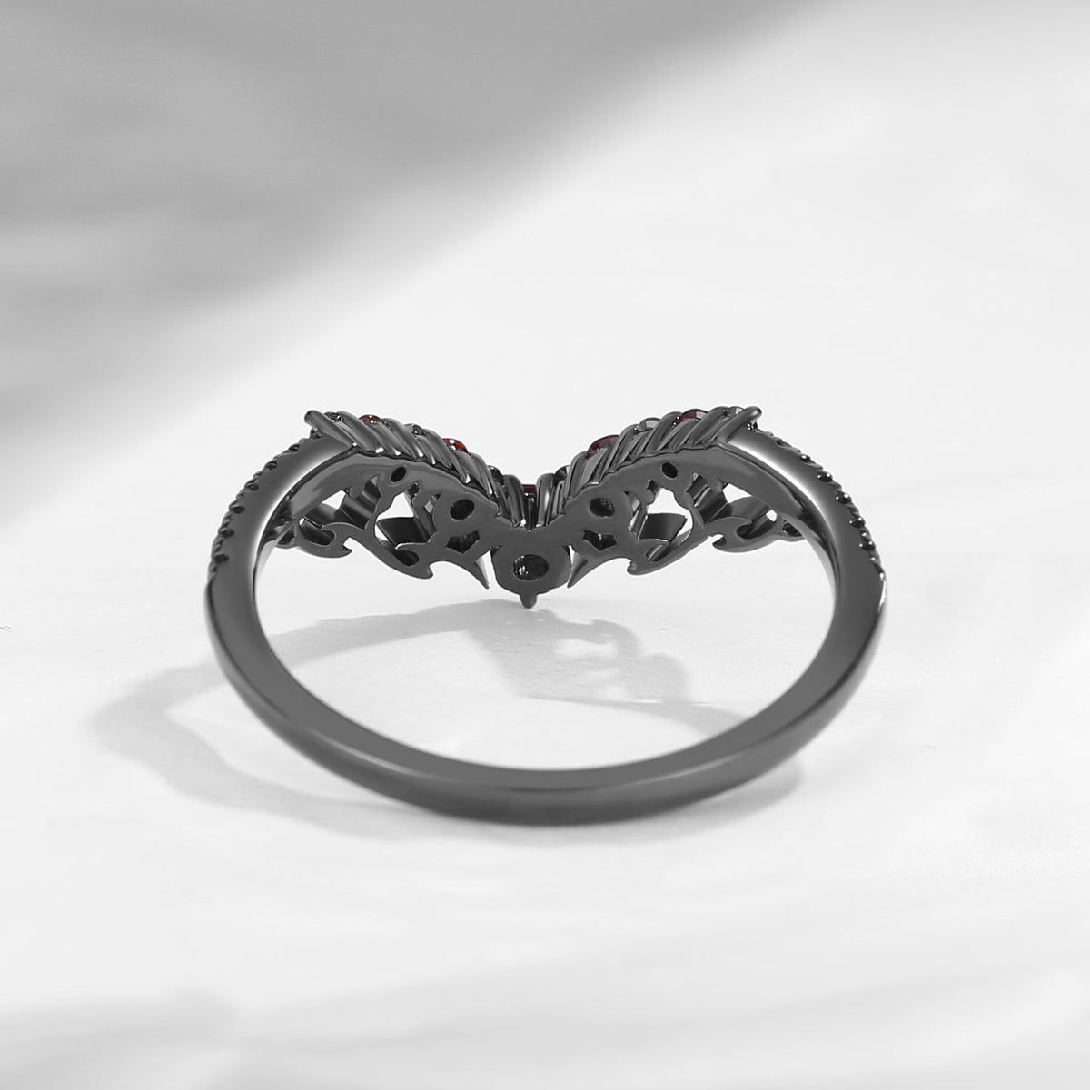 Garnet & Black Moissanite Curved Gothic Inspired Wedding Band