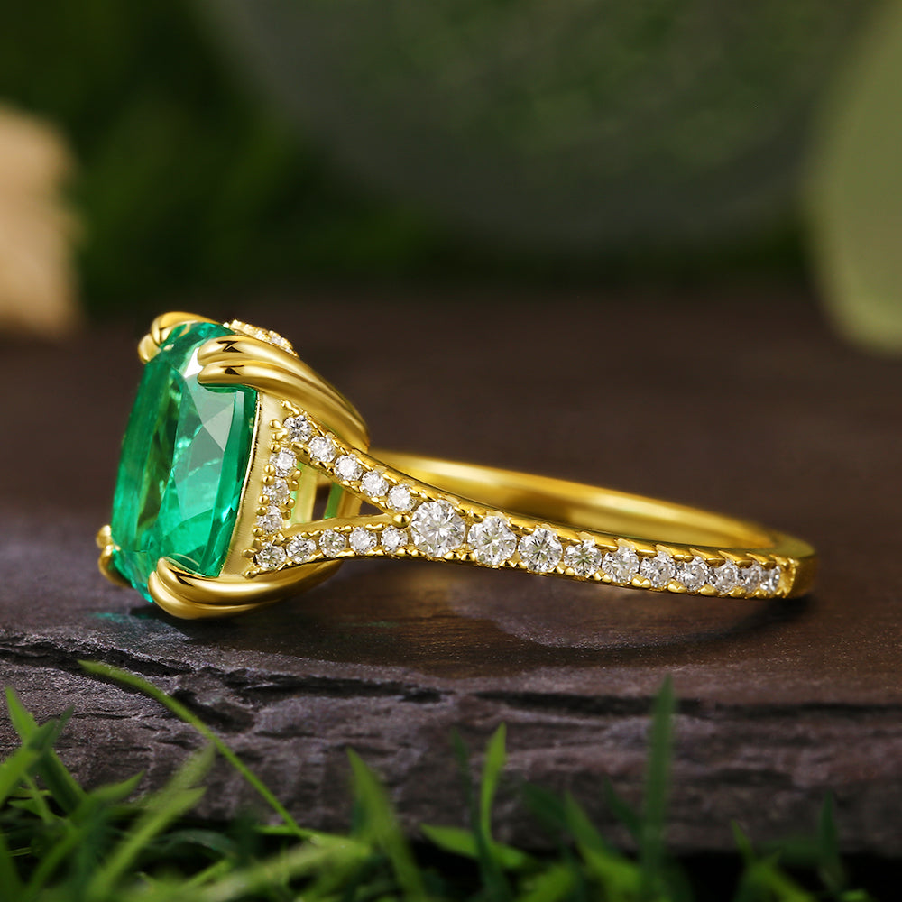 3.1Ct Cushion Cut Lab Emerald Pavé Accents Hidden Halo Modern Luxury Engagement Ring
