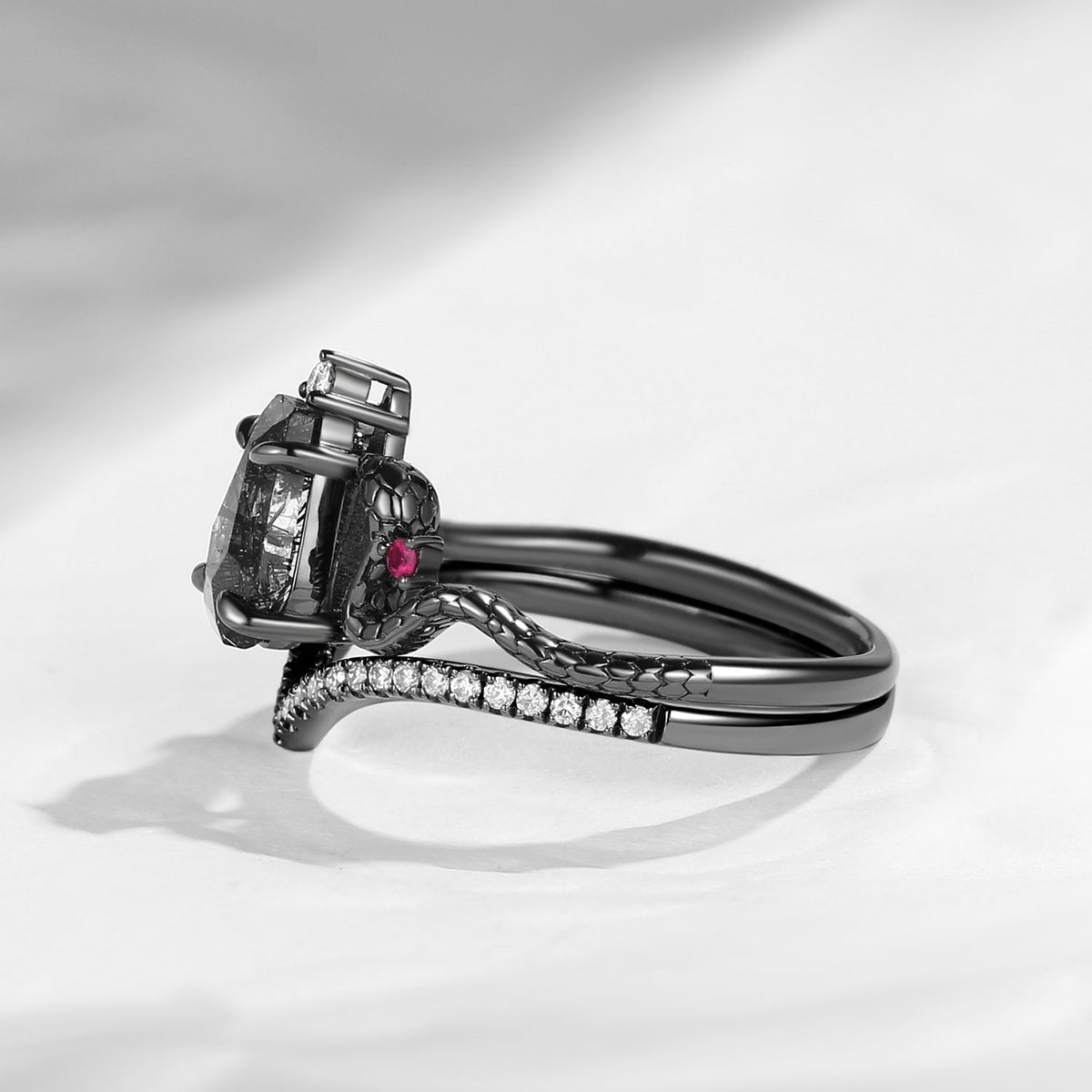 Gothic Coffin Cut Black Rutilated Quartz Engagement Ring - 'Serpent's Embrace'