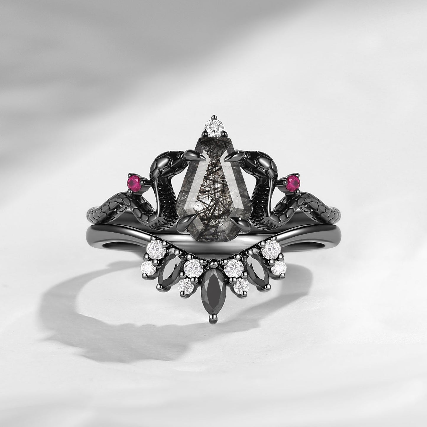 Gothic Coffin Cut Black Rutilated Quartz Snake Engagement Ring Set 2pcs - Serpent's Embrace
