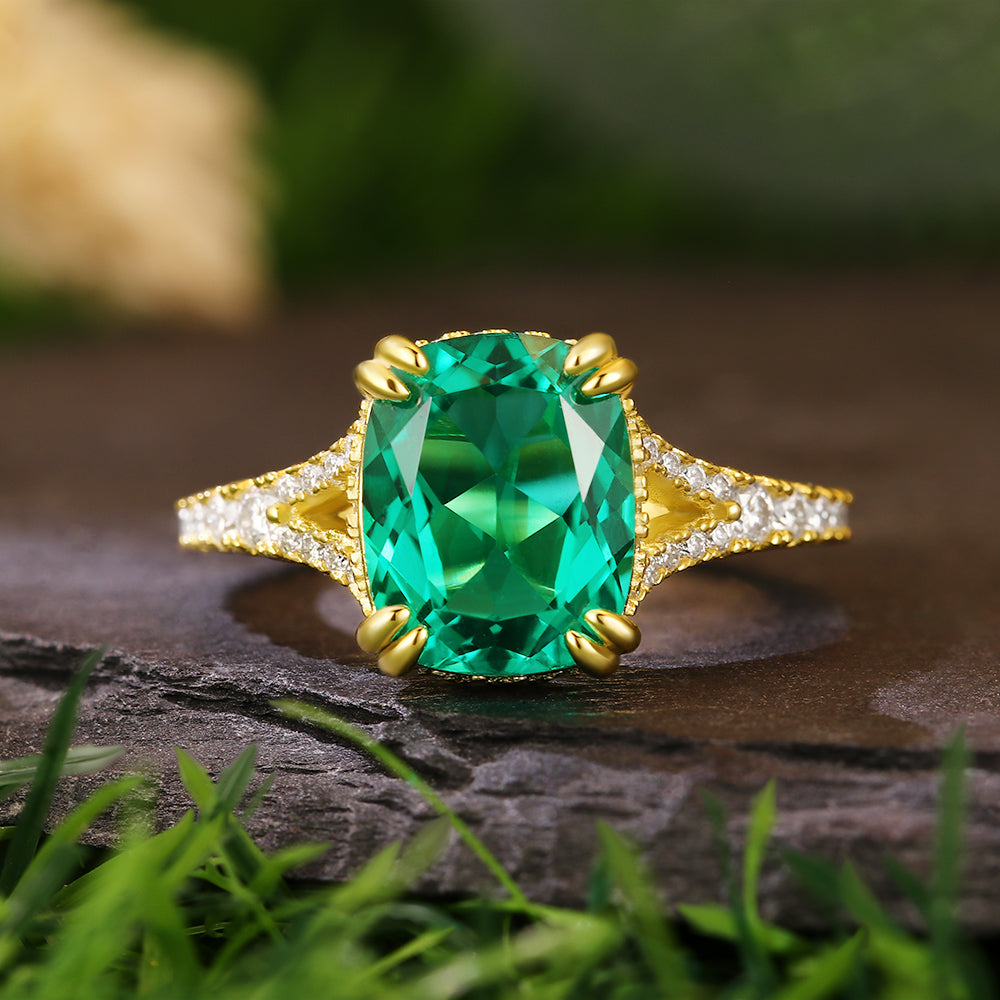 3.1Ct Cushion Cut Lab Emerald Pavé Accents Hidden Halo Modern Luxury Engagement Ring