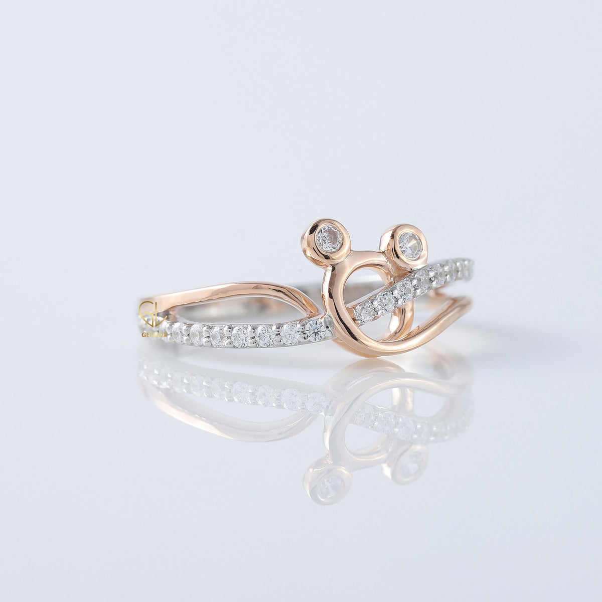 Cross Over Two Tone Minnie Mickey Mouse Face Moissanite Ring
