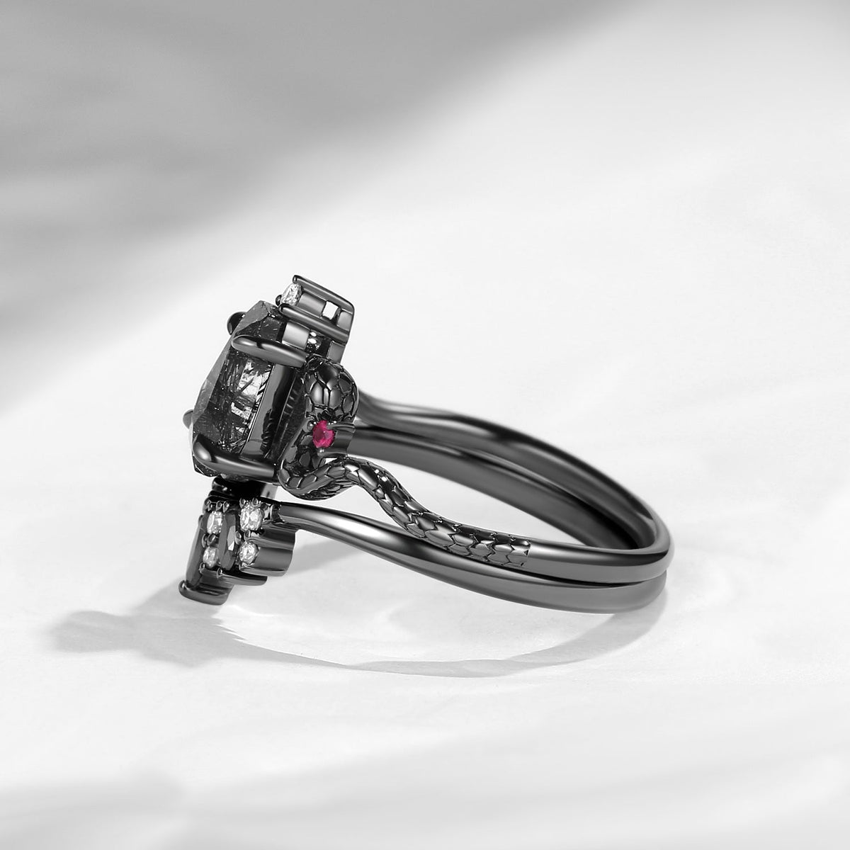 Gothic Coffin Cut Black Rutilated Quartz Snake Engagement Ring Set 2pcs - Serpent's Embrace