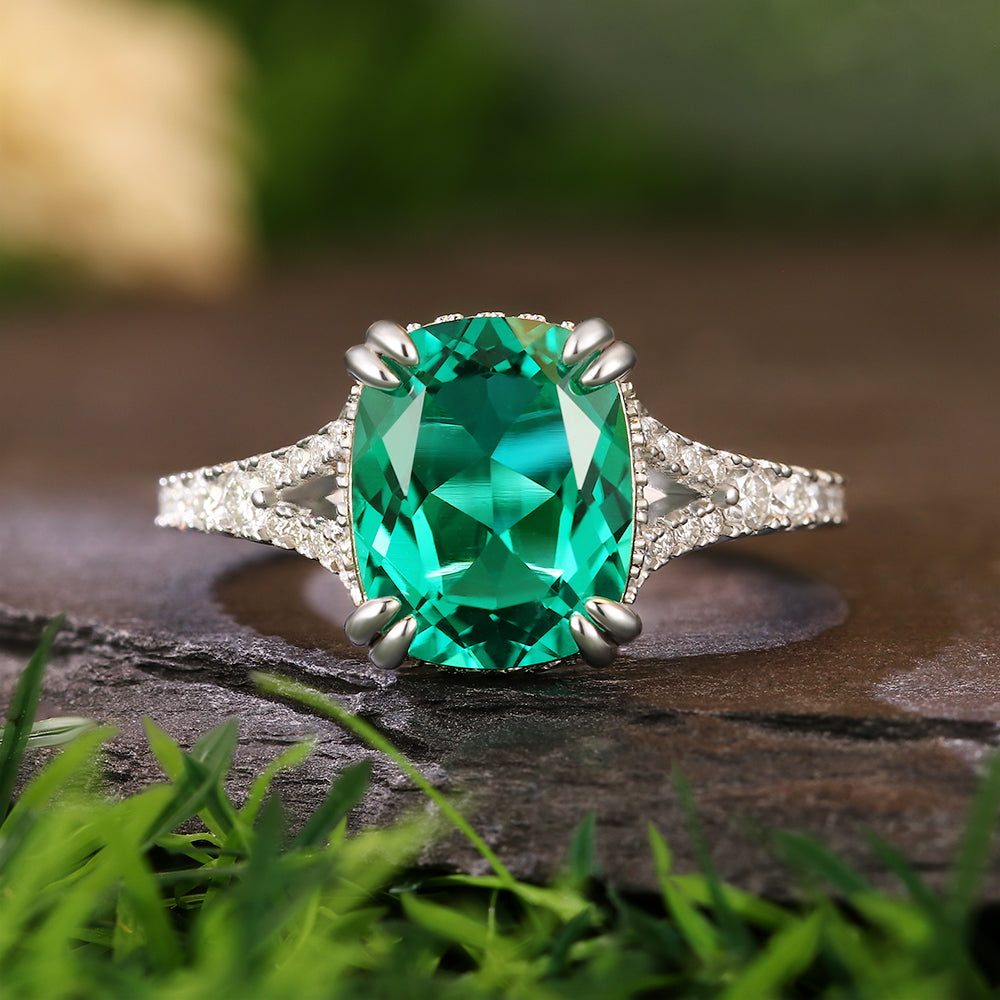 3.1Ct Cushion Cut Lab Emerald Pavé Accents Hidden Halo Modern Luxury Engagement Ring