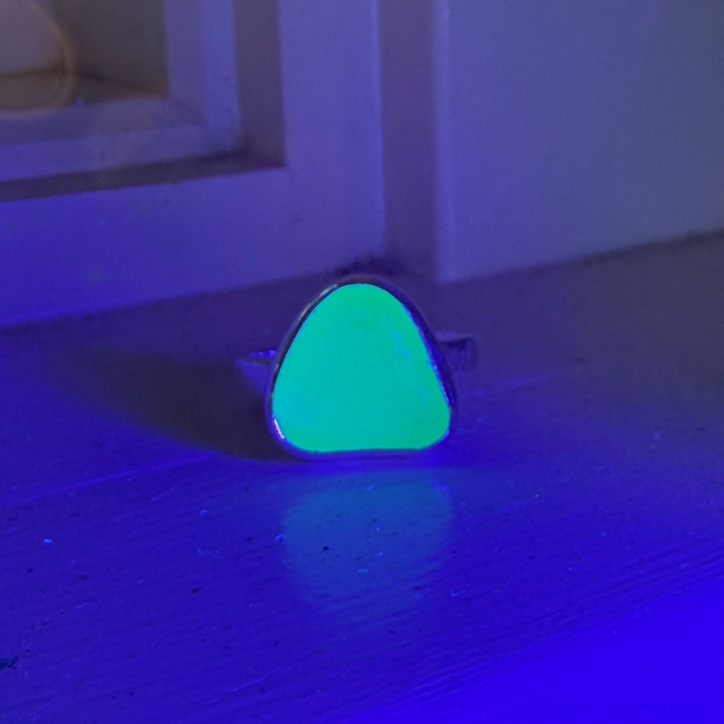Light Green UV Uranium Sea Glass Ring | Handmade | Sterling Silver | Size 6 3/4