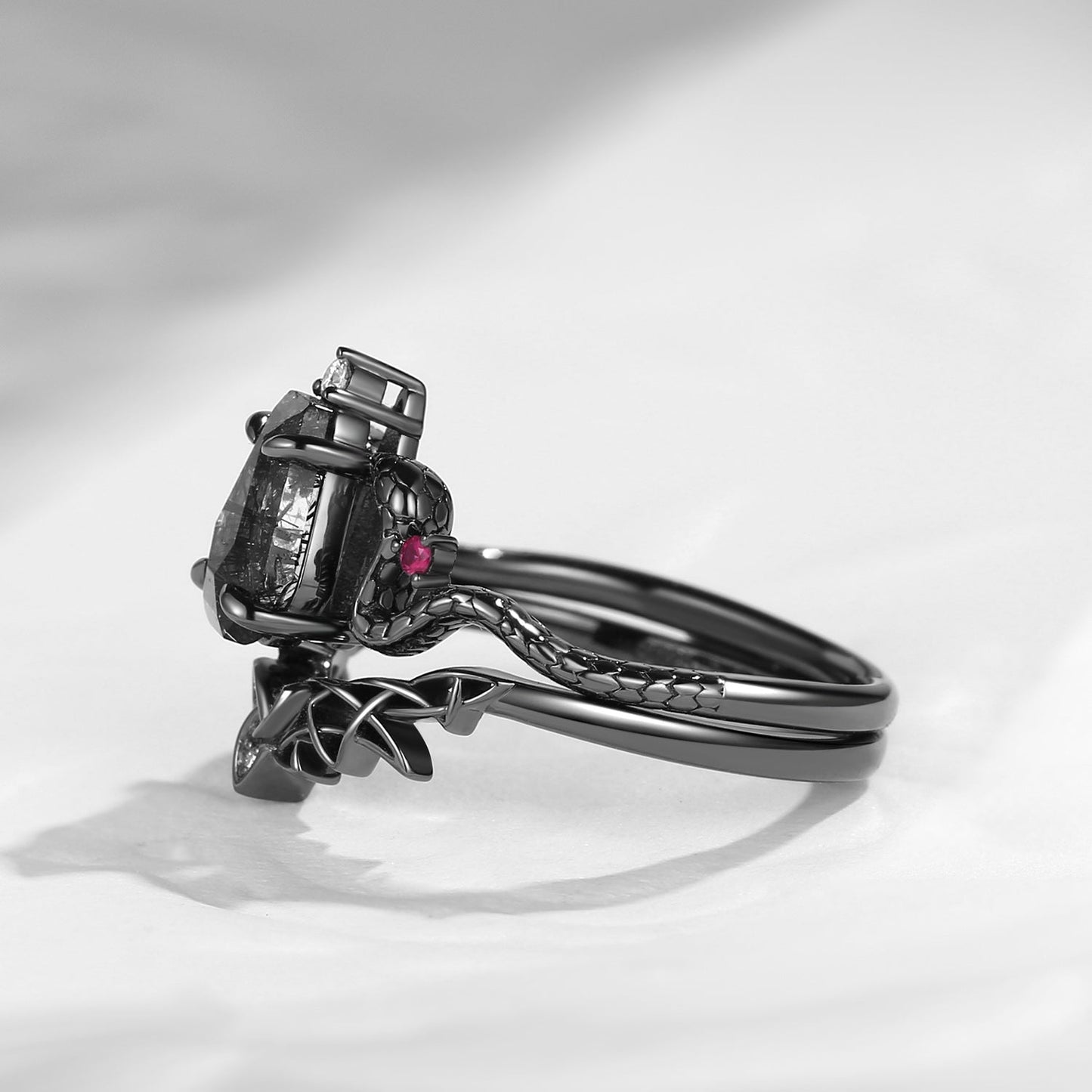 Gothic Celtic Coffin Black Rutilated Quartz Engagement Ring Set 2pcs - Serpent's Embrace