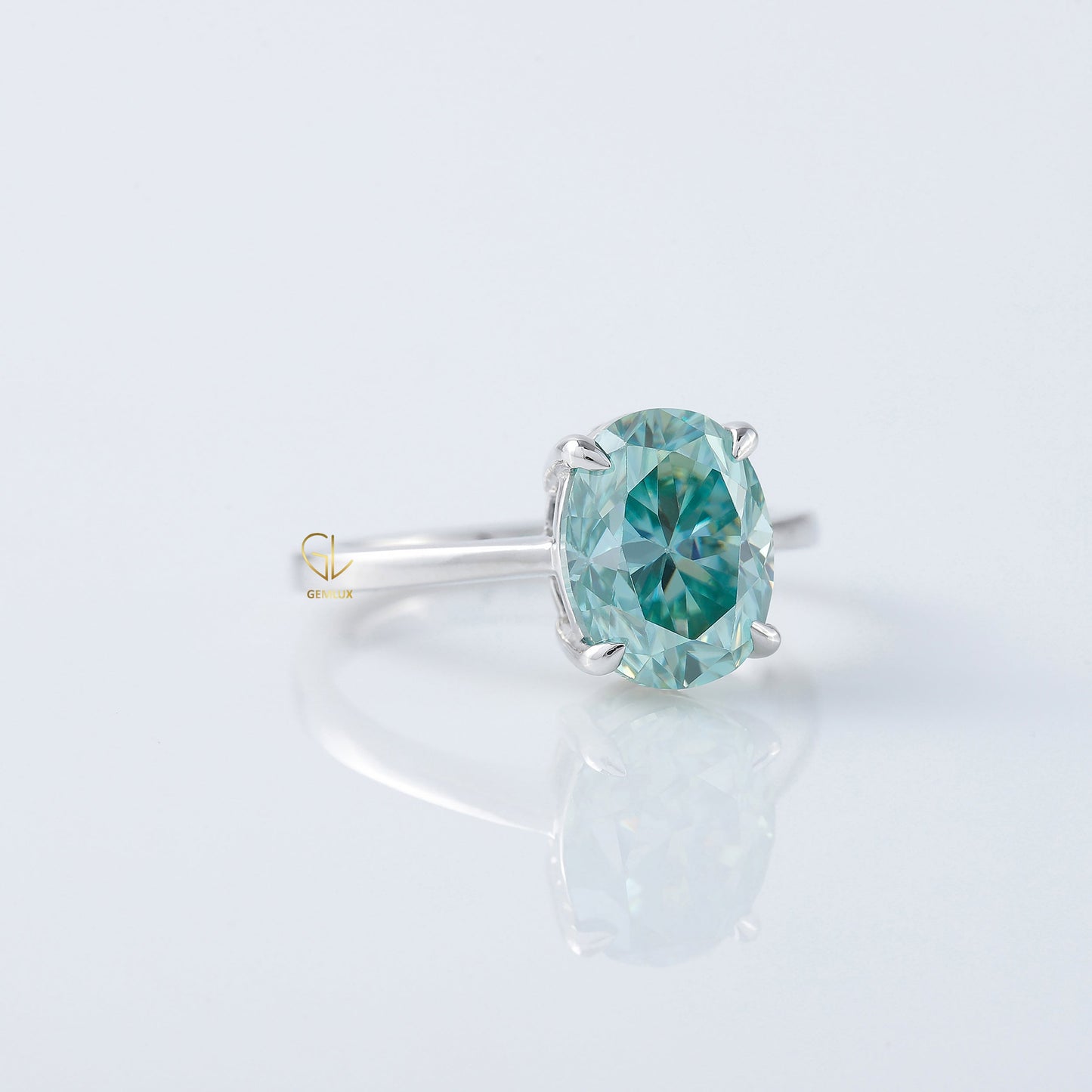 Blue Aquamarine Oval Cut Moissanite Solitaire Ring