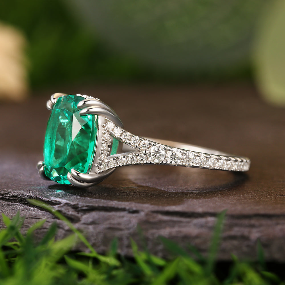 3.1Ct Cushion Cut Lab Emerald Pavé Accents Hidden Halo Modern Luxury Engagement Ring
