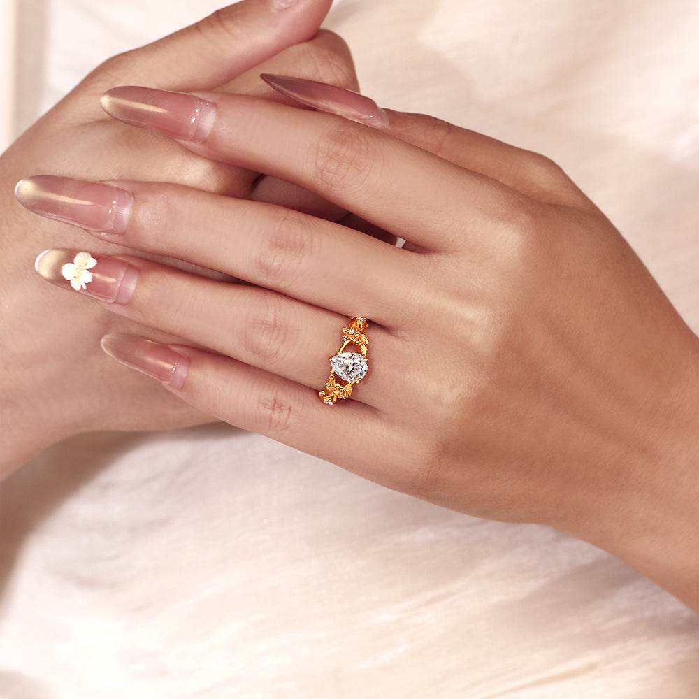 1.37ct Pear Cut Moissanite Engagement Ring, Nature Inspired Leaf & Vine Design
