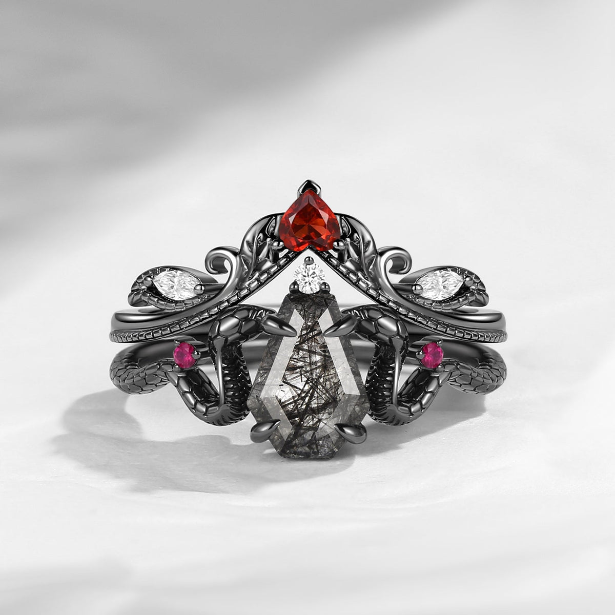 Gothic Coffin Cut Black Rutilated Quartz Snake Engagement Ring Set 2pcs - Serpent's Embrace