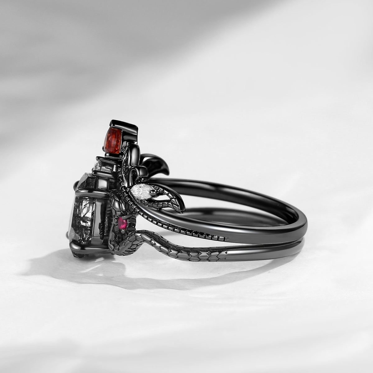 Gothic Coffin Cut Black Rutilated Quartz Snake Engagement Ring Set 2pcs - Serpent's Embrace