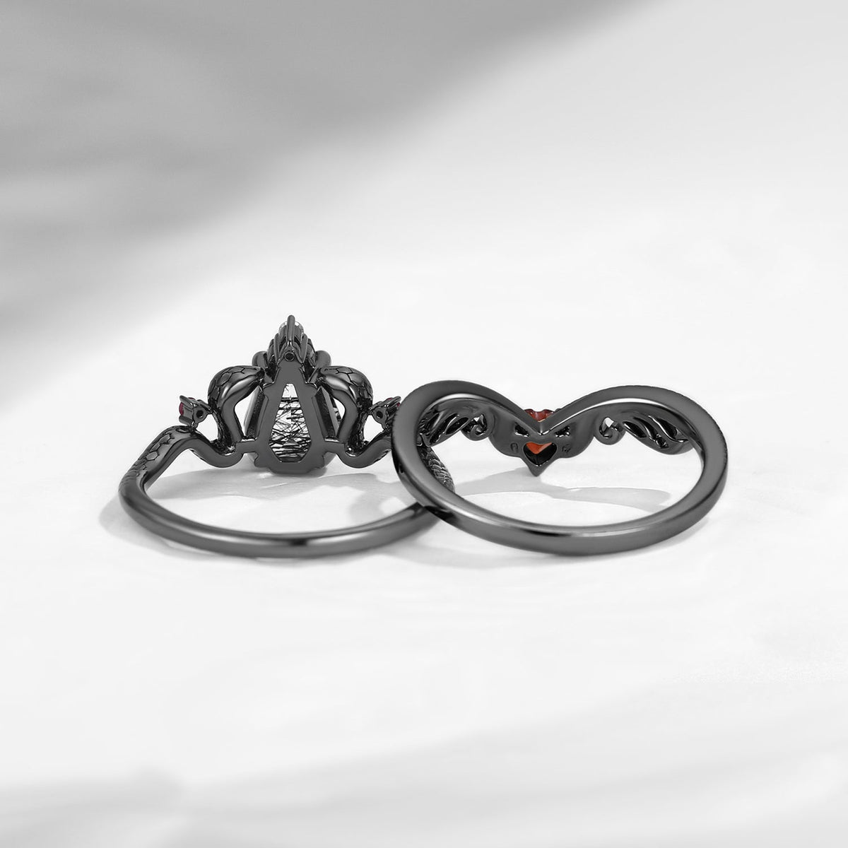 Gothic Coffin Cut Black Rutilated Quartz Snake Engagement Ring Set 2pcs - Serpent's Embrace