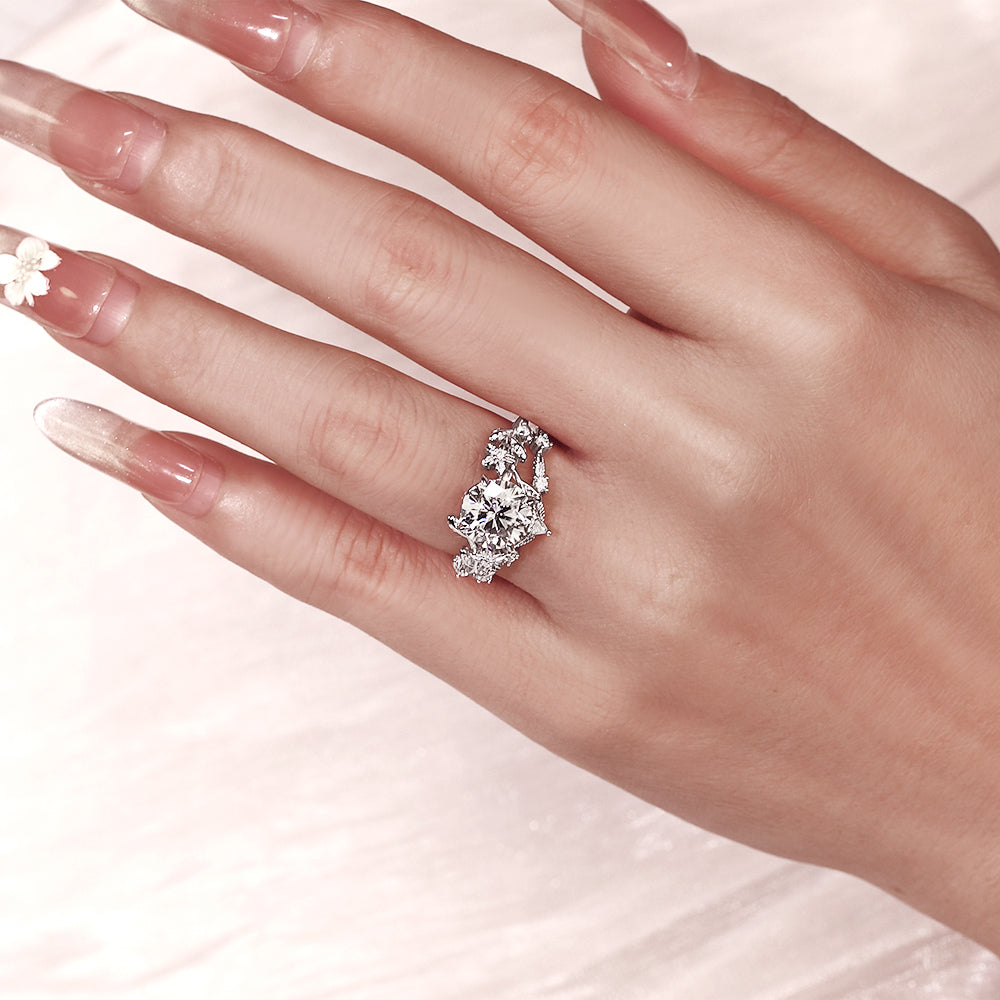 2.21Ct Round Cut Moissanite Flower Engagement Ring Curved Wedding Band Nature Vines Bridal Set