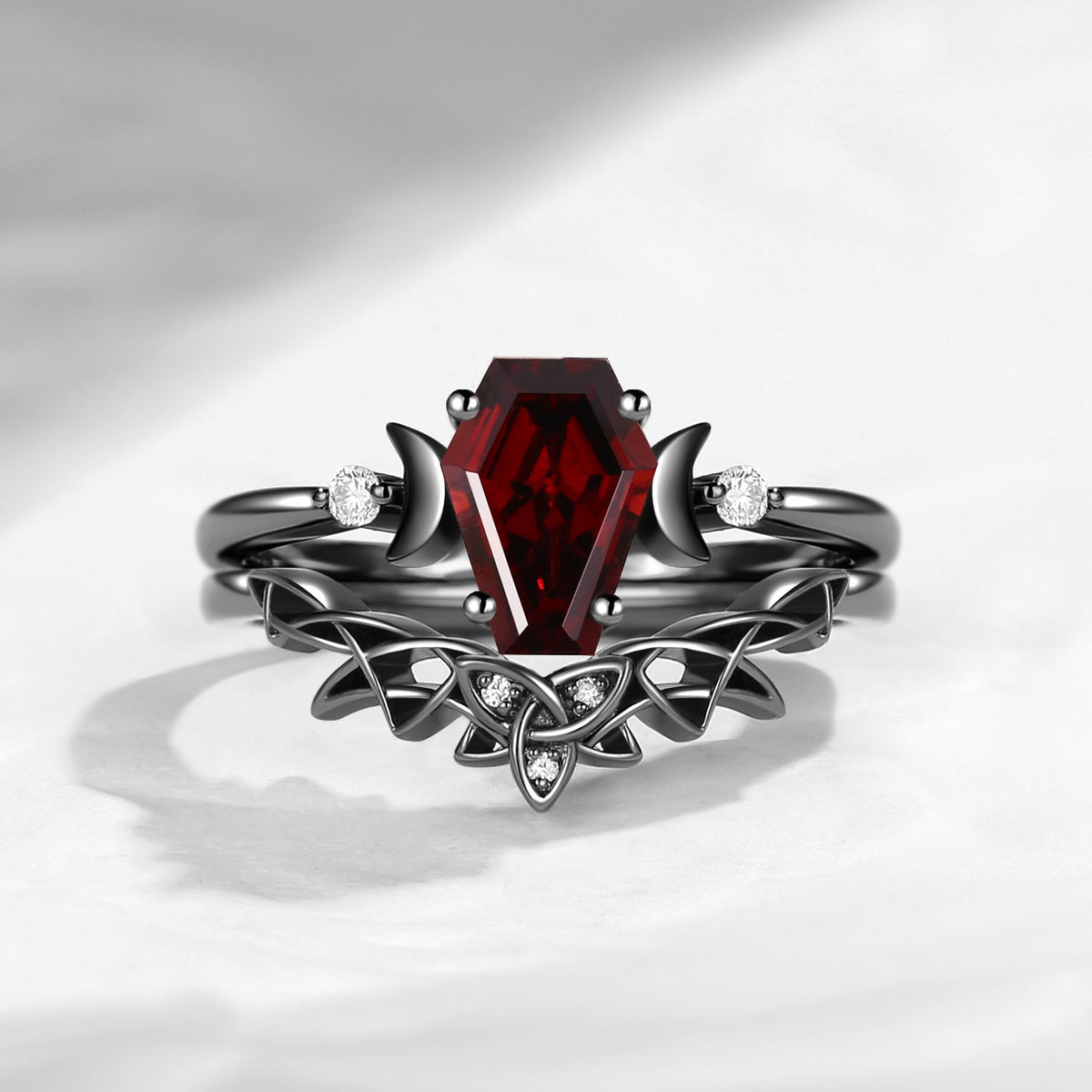 Celtic Moon - Coffin Cut Garnet Celtic Gothic Engagement Ring Set In Black Gold