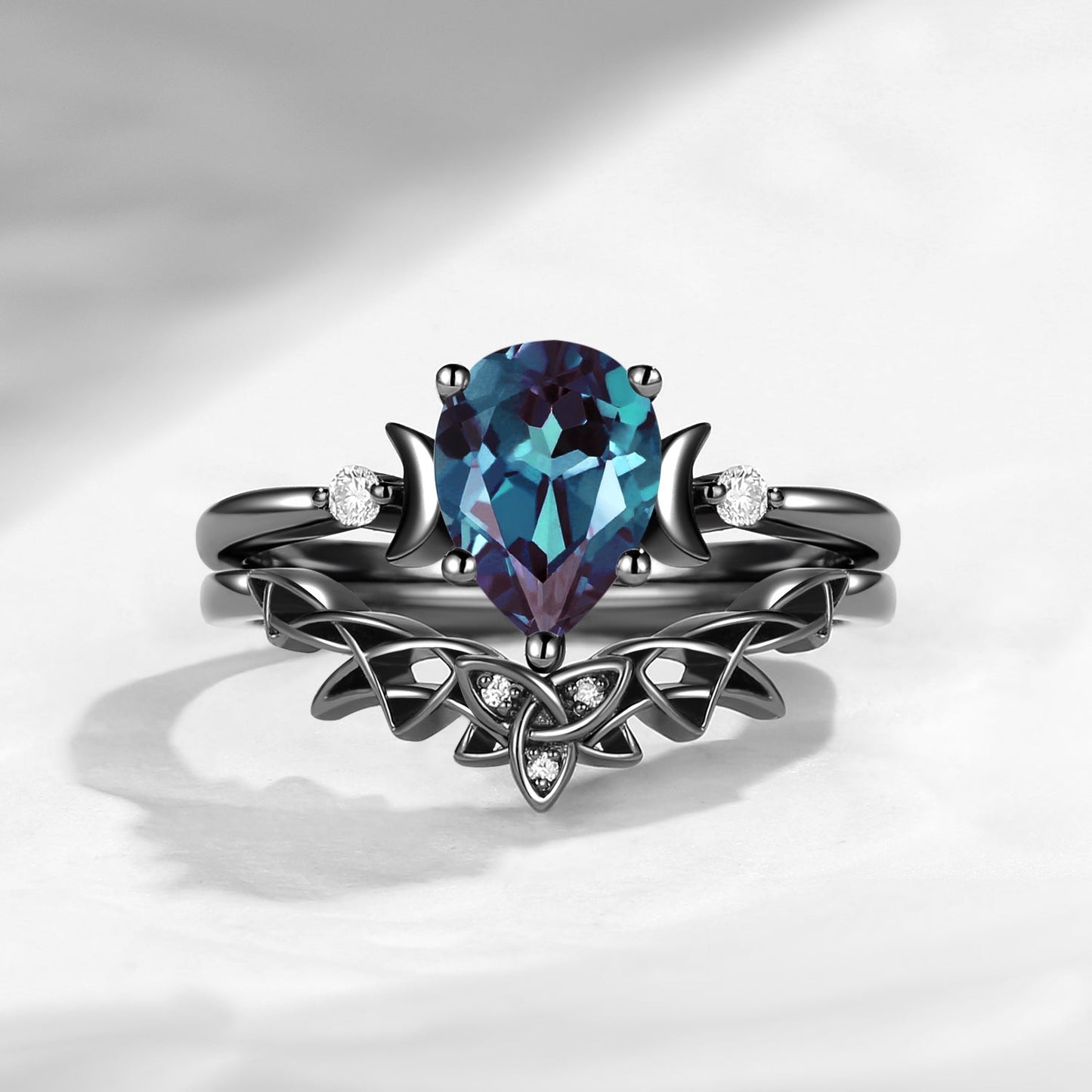 Celtic Moon - Pear Cut Lab Alexandrite Celtic Engagement Ring Set