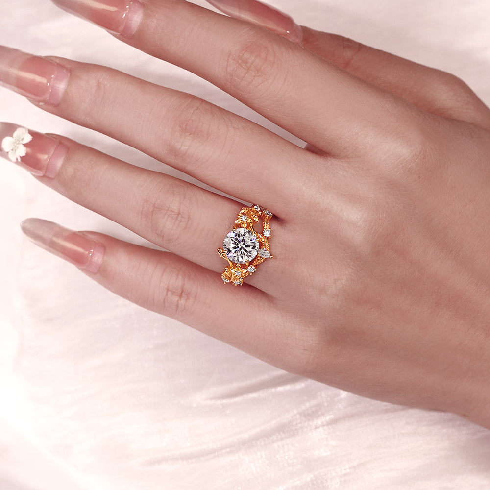 2.21Ct Round Cut Moissanite Flower Engagement Ring Curved Wedding Band Nature Vines Bridal Set
